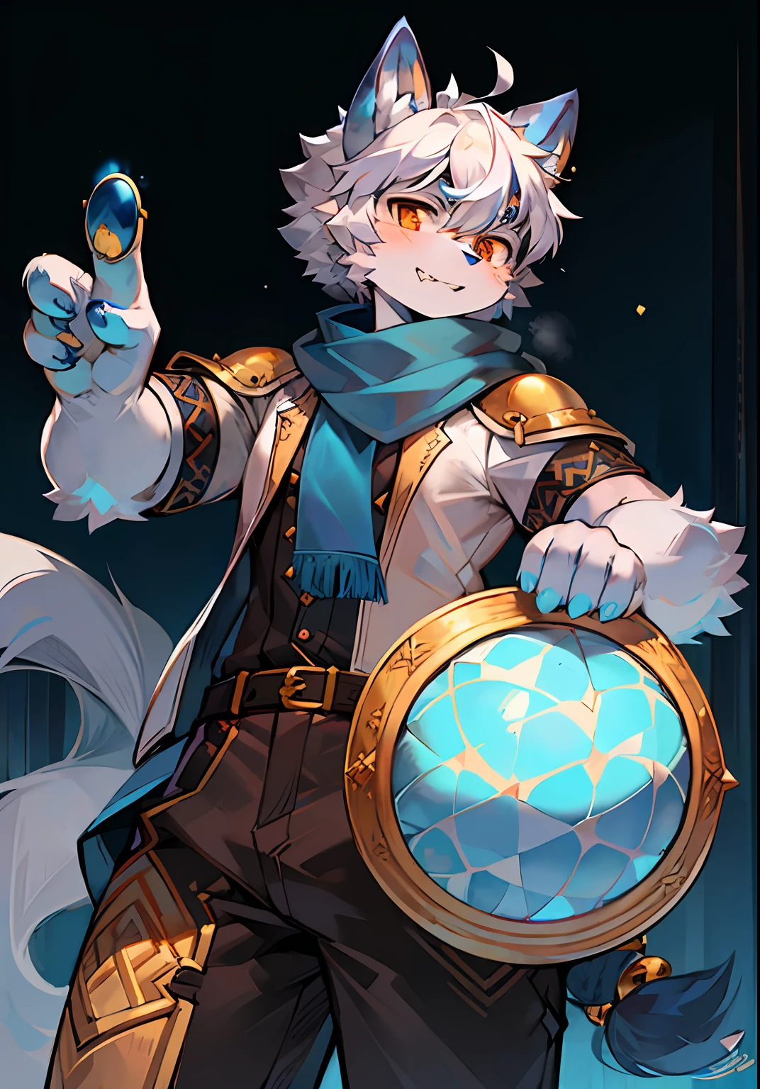 fury,spheres,shaggy,bell,short detailed hair,with short white hair,hairy pubic,Boy student,ahoge,Big fluffy tail,Wear goggles,White belly,tmasterpiece,Gray fur,Dark blue fur,Wolf ears,High-quality portraits,human - shaped,posing on a,large bright orange eyes,sbeard,Symmetrical lines on the body,Gray scarf,sbeard,Blue-gray ears,full-shot,Cool face,with her mouth open,lowerbody,shaggy,Animal ear,adolable,Blue symmetrical pattern on the arm,cat paws,Palm blue meat pad,White auspicious eyebrows,Dark blue diamond pattern between eyebrows,Dark blue nose
