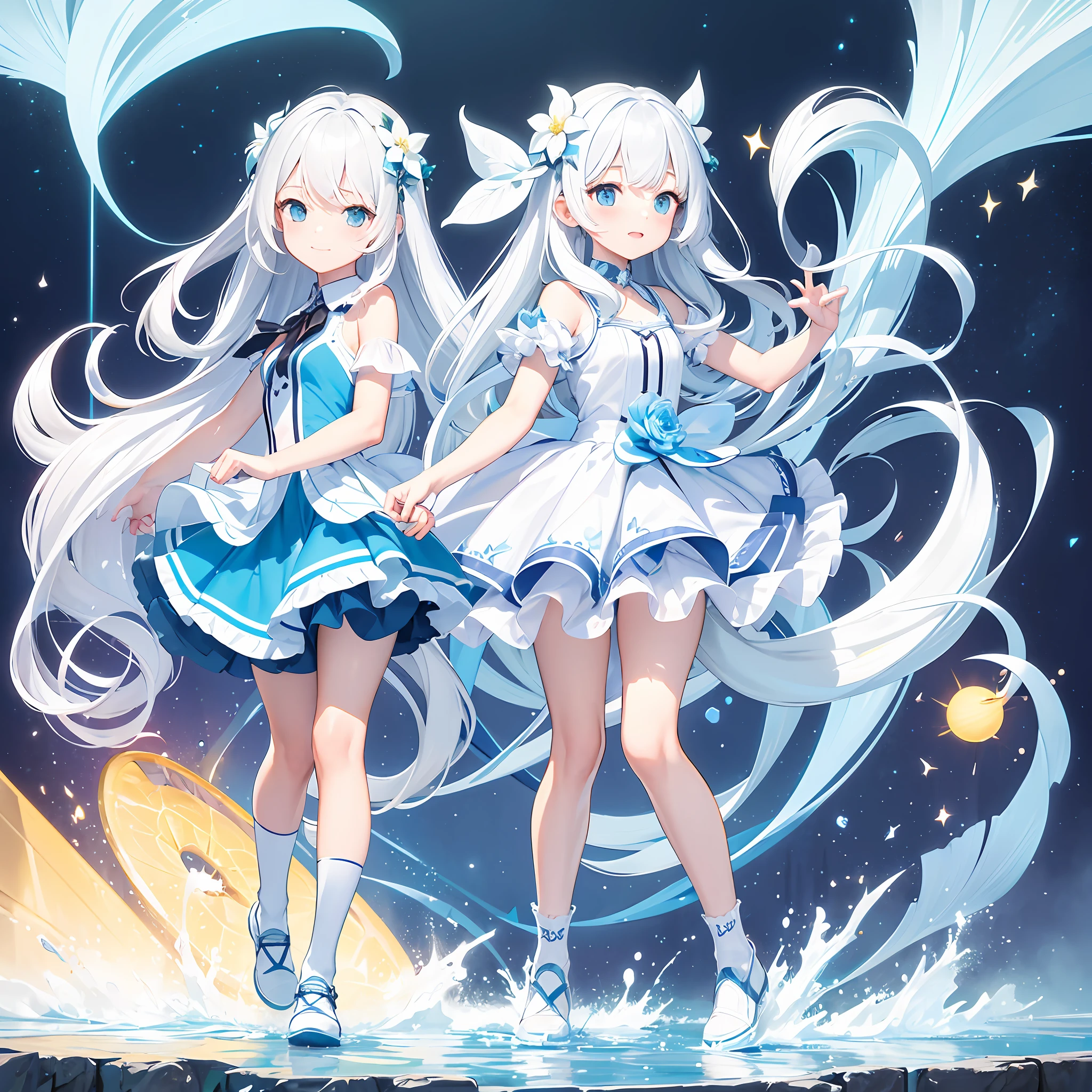 1080p，quadratic element，Kizi，Cute loli，16 yaers old，long  white hair，slanted bangs，Issuing，corsage，Head flower，big laughter，Summer powder-blue and white waist skirt，Small leather shoes，cropped shoulders，hand behind back，white short socks，setting sun，Full body like --auto