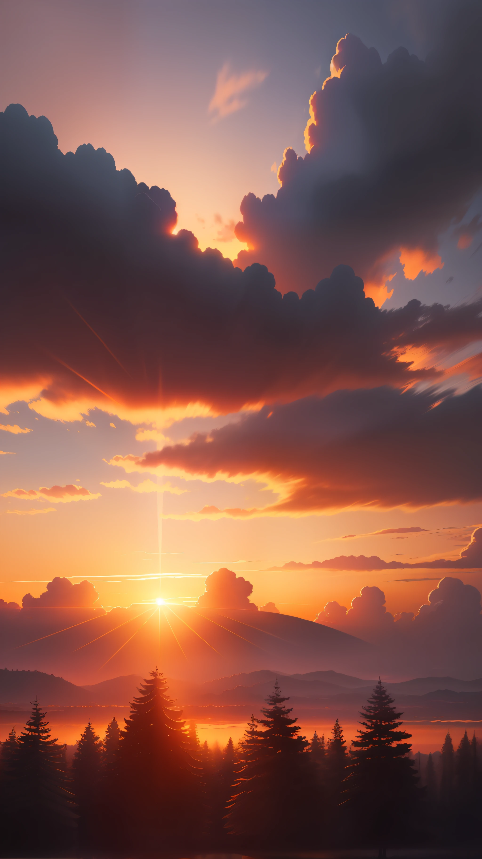 Sunset with plam trees, colorful, cloudy,high resolution, high quality