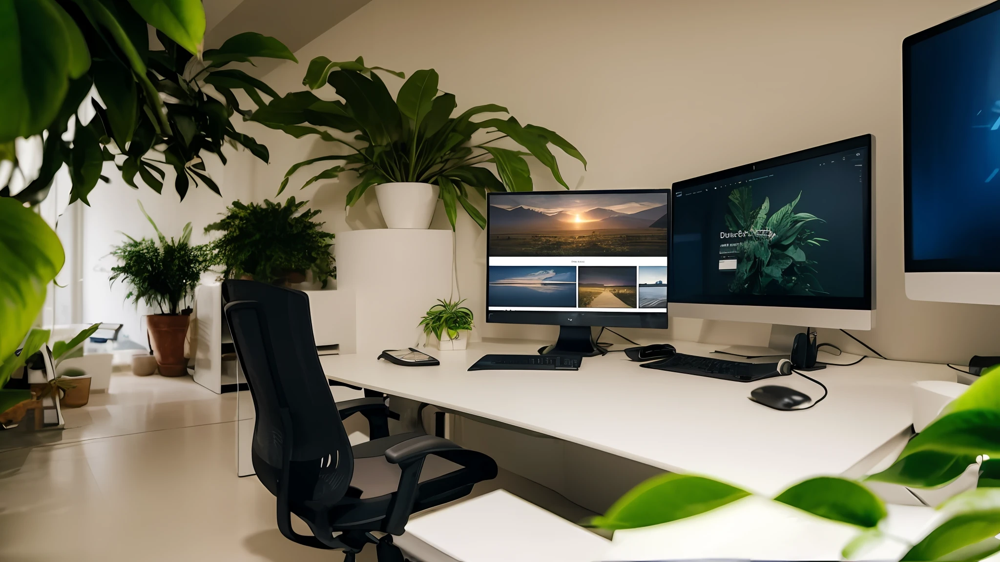 Office chairs and floors、Website design、personal computers、Advanced home page、PC close-up、Beautiful wide office background、Photo bokeh、top-quality、masterpiece、8K、professional photograpy、Bluish photo、Studio Lighting、hight resolution、Diagonal angle of view、Tidy desk、houseplant、Many desks、Other PCs