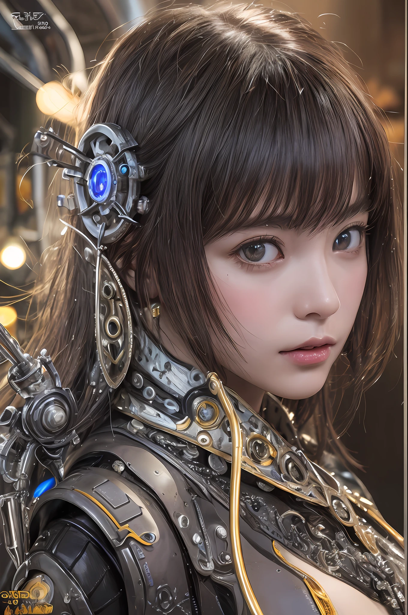 top-quality、masterpiece、超A high resolution、(Photorealsitic:1.4)、Raw photo、1人、Black hair、glowy skin、1 Mechanical Angel、large metal wings、Shining Angel Circle、((super realistic details))、portlate、globalillumination、Shadow、octan render、8K、ultrasharp、Colossal tits、Raw skin is exposed in cleavage、metals、Details of complex ornaments、Steampunk details、vacuum tubes、Nixie Kan、Oil pressure gauge、Glass Kan、Analog Meter、gear wheel、gear、Golden hydraulic cylinder、highly intricate detail、Realistic light、CGSoation Trends、a purple eye、radiant eyes、Facing the camera、neon details、Mechanical limbs、blood vessels connected to tubes、Mechanical vertebrae attached to the back、mechanical cervical attaching to neck、sitting on、Wires and cables connecting to the head、evangerion、Small LED lamp、Sumerian details、