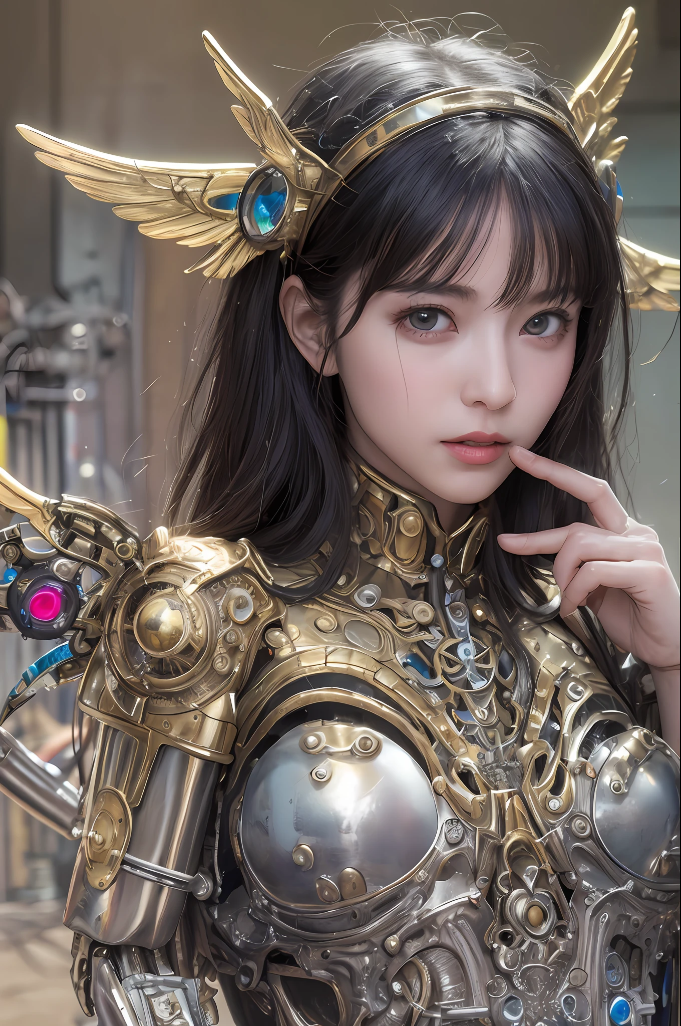 top-quality、​masterpiece、超A high resolution、(Photorealsitic:1.4)、Raw photo、女の子1人、Black hair、glowy skin、1 Mechanical Angel、large metal wings、Shining Angel Circle、((super realistic details))、portlate、globalillumination、Shadow、octan render、8K、ultrasharp、Colossal tits、Raw skin is exposed in cleavage、metals、Details of complex ornaments、Steampunk details、vacuum tubes、Nixie Kan、Oil pressure gauge、Glass Kan、Analog Meter、gear wheel、gear、Golden hydraulic cylinder、highly intricate detail、Realistic light、CGSoation Trends、a purple eye、radiant eyes、Facing the camera、neon details、Mechanical limbs、blood vessels connected to tubes、Mechanical vertebrae attached to the back、mechanical cervical attaching to neck、sitting on、Wires and cables connecting to the head、evangerion、Small LED lamp、Sumerian details、