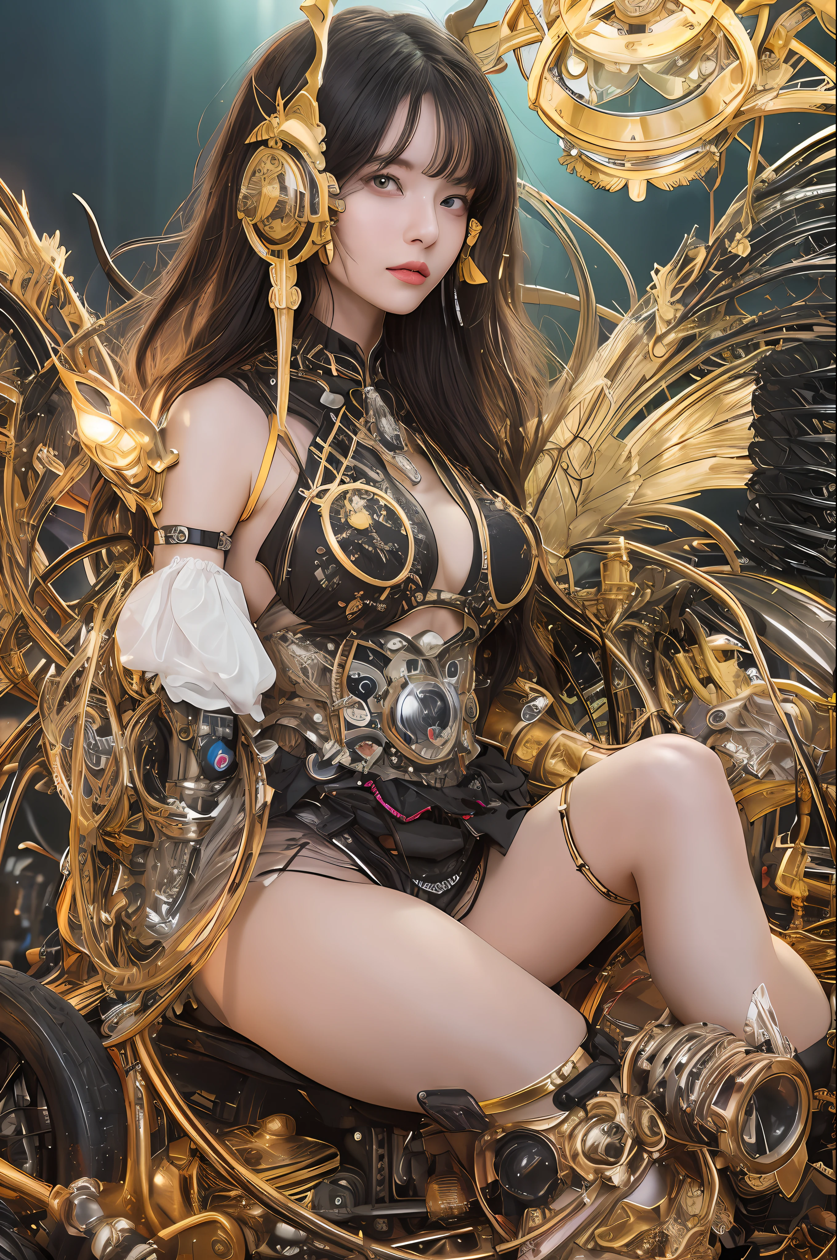 top-quality、masterpiece、超A high resolution、(Photorealsitic:1.4)、Raw photo、1人、Black hair、glowy skin、1 Mechanical Angel、large metal wings、Shining Angel Circle、((super realistic details))、portlate、globalillumination、Shadow、octan render、8K、ultrasharp、Colossal tits、Raw skin is exposed in cleavage、metals、Details of complex ornaments、Steampunk details、Matsumoto meter vacuum tube、Nixie Kan、Oil pressure gauge、Glass Kan、Analog Meter、gear wheel、gear、Golden hydraulic cylinder、highly intricate detail、Realistic light、CGSoation Trends、a purple eye、radiant eyes、Facing the camera、neon details、Mechanical limbs、blood vessels connected to tubes、Mechanical vertebrae attached to the back、mechanical cervical attaching to neck、sitting on、Wires and cables connecting to the head、evangerion、Small LED lamp、