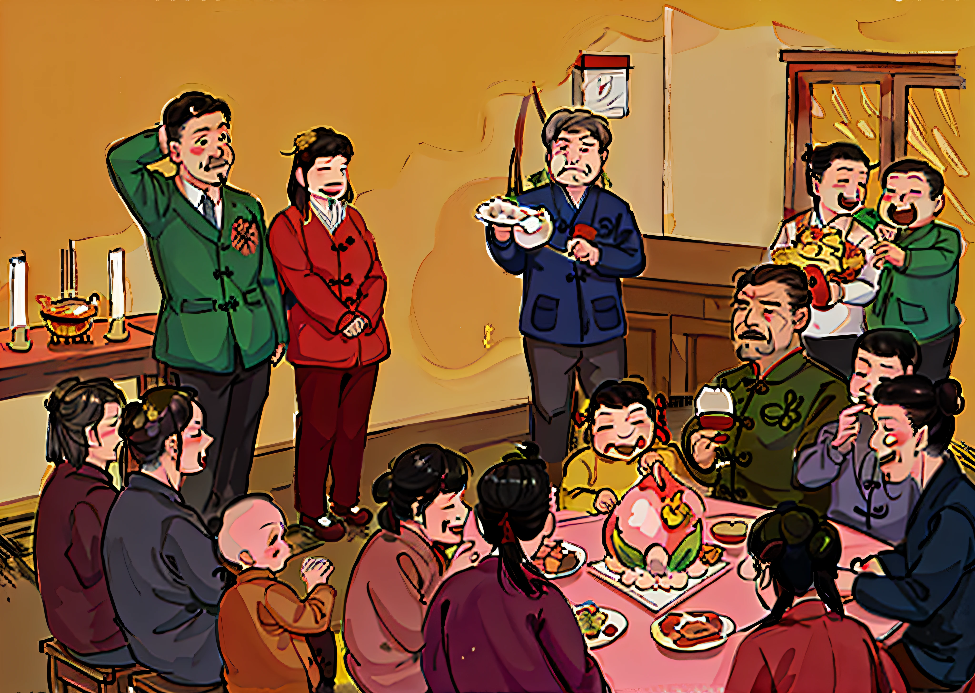 there are many people sitting around a table eating food, gta chinatowon art style, mapo tofu cartoon, xi jinping as winnie the pooh, family dinner, gta chinatown wars art style, by Sheng Maoye, by Li Tiefu, by Yi Inmun, gta chinatown art style, family, humorous illustration, inspired by Chen Daofu