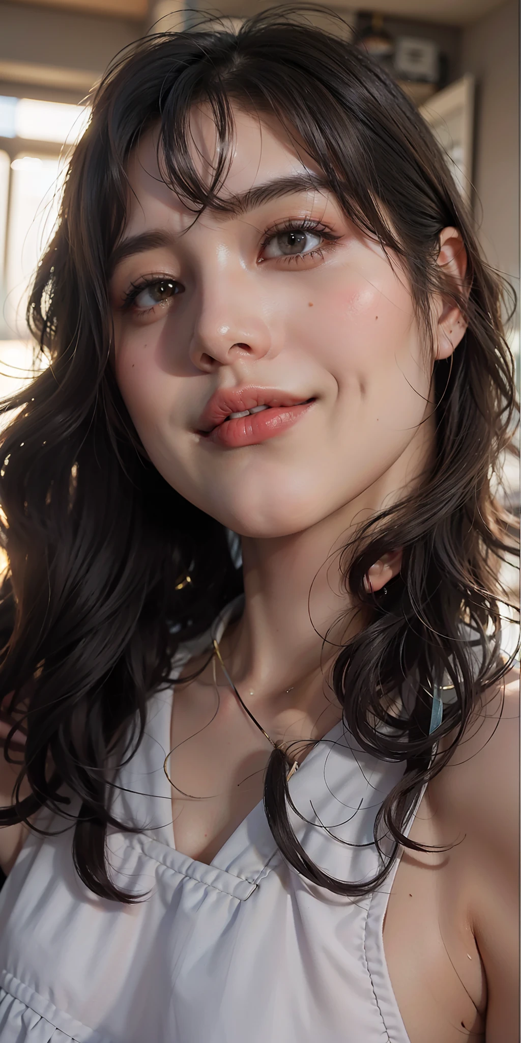 best quality, masterpiece, ultra high res, photorealistic, 1girl, offshoulder, smile