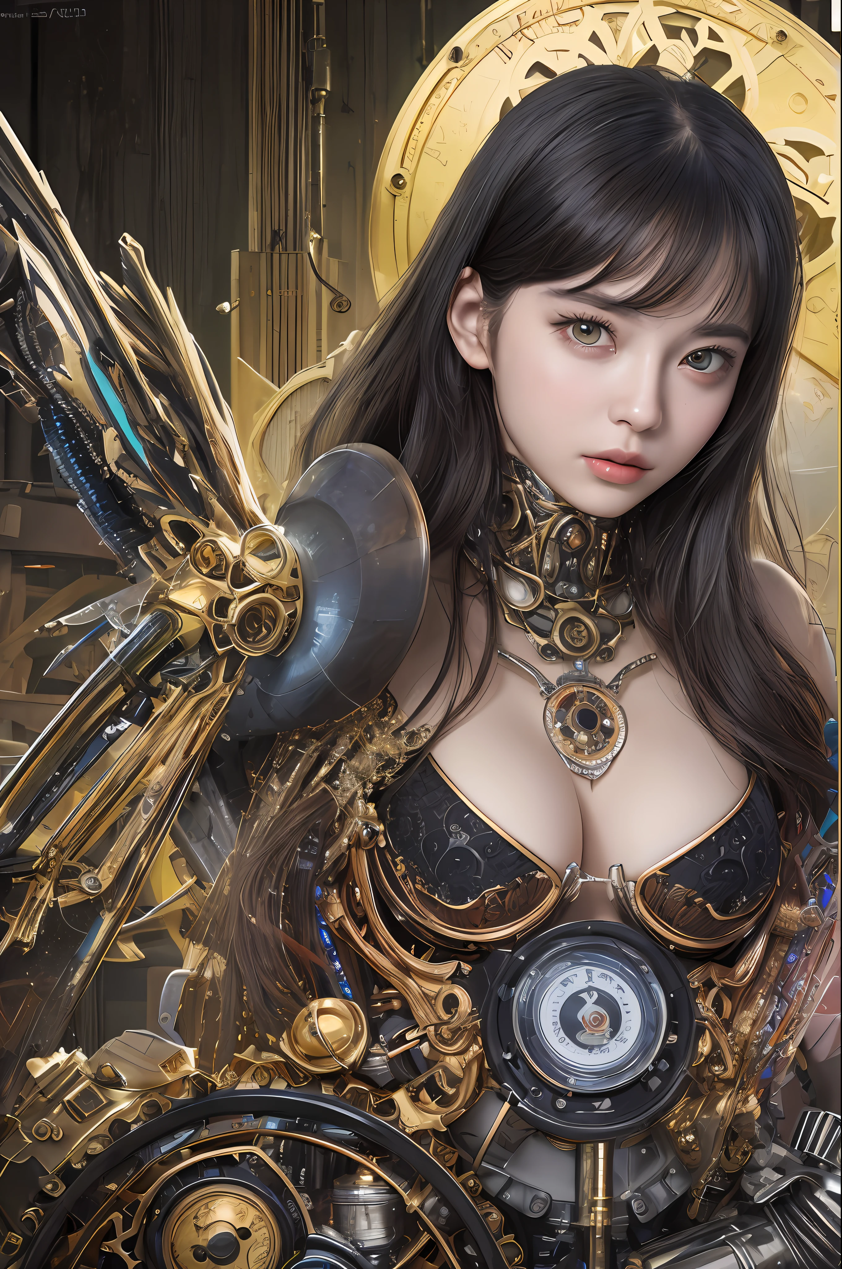 top-quality、masterpiece、超A high resolution、(Photorealsitic:1.4)、Raw photo、1人、Black hair、glowy skin、1 Mechanical Angel、large metal wings、Shining Angel Circle、((super realistic details))、portlate、globalillumination、Shadow、octan render、8K、ultrasharp、Colossal tits、Raw skin is exposed in cleavage、metals、Details of complex ornaments、Steampunk details、Matsumoto meter vacuum tube、Nixie Kan、Oil pressure gauge、Glass Kan、Analog Meter、gear wheel、gear、Golden hydraulic cylinder、highly intricate detail、Realistic light、CGSoation Trends、a purple eye、radiant eyes、Facing the camera、neon details、Mechanical limbs、blood vessels connected to tubes、Mechanical vertebrae attached to the back、mechanical cervical attaching to neck、sitting on、Wires and cables connecting to the head、evangerion、Small LED lamp、