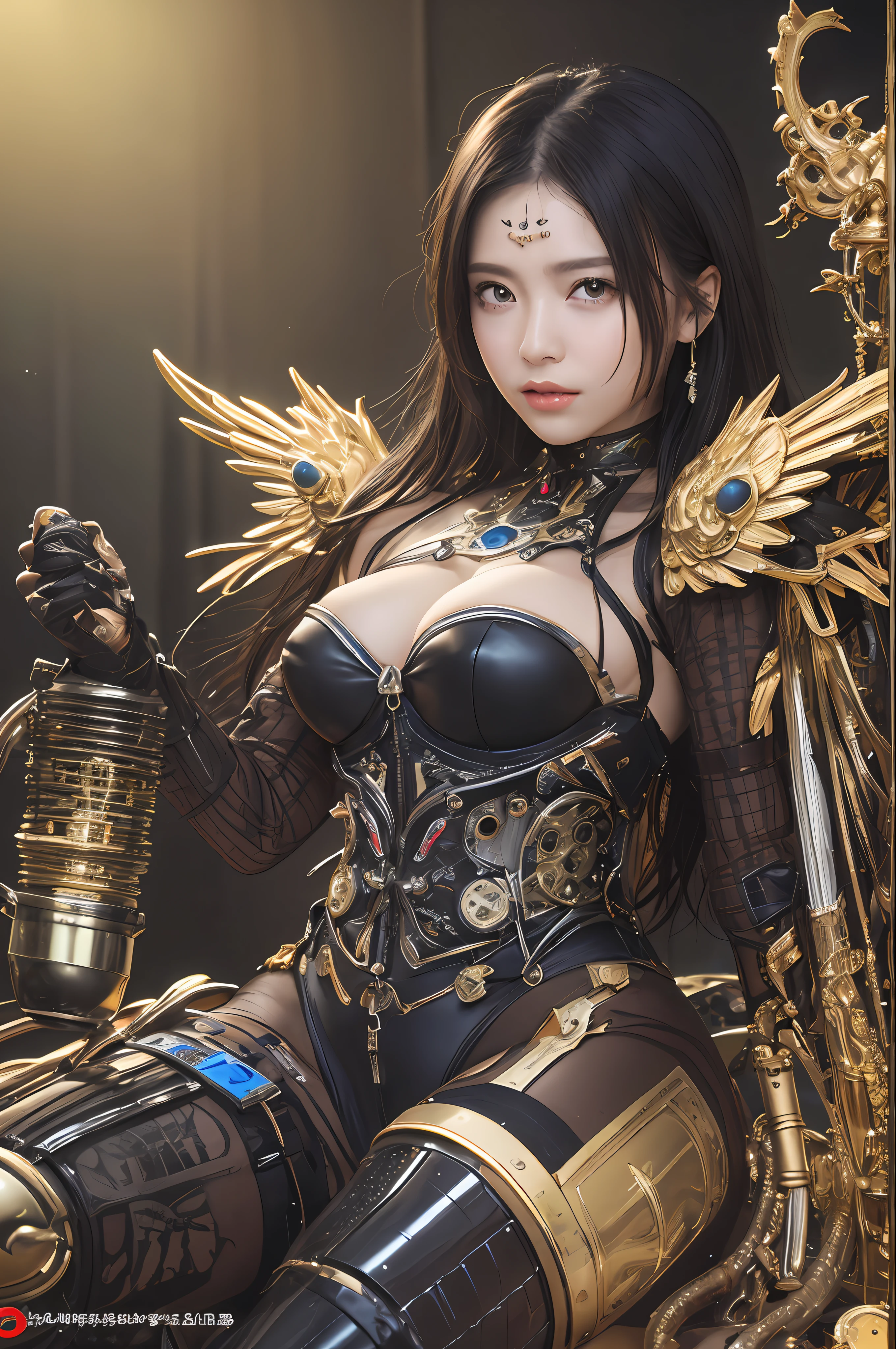 top-quality、masterpiece、超A high resolution、(Photorealsitic:1.4)、Raw photo、1人、Black hair、glowy skin、1 Mechanical Angel、large metal wings、Shining Angel Circle、((super realistic details))、portlate、globalillumination、Shadow、octan render、8K、ultrasharp、Colossal tits、Raw skin is exposed in cleavage、metals、Details of complex ornaments、Steampunk details、Matsumoto meter vacuum tube、Nixie Kan、Oil pressure gauge、Glass Kan、Analog Meter、gear wheel、gear、Golden hydraulic cylinder、highly intricate detail、Realistic light、CGSoation Trends、a purple eye、radiant eyes、Facing the camera、neon details、Mechanical limbs、blood vessels connected to tubes、Mechanical vertebrae attached to the back、mechanical cervical attaching to neck、sitting on、Wires and cables connecting to the head、evangerion、Small LED lamp、