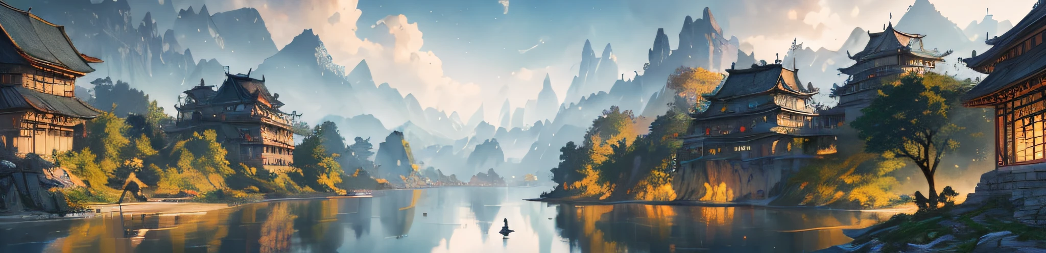 Draw a man on a boat on a river surrounded by mountains, dreamy matte painting, optimistic matte painting, inspired by Raphael Lacoste, Illustration matte painting, matte painting in fantasy style, Estilo de Raphael Lacoste, 3 d render beeple, Realism | beeple, artgem and beeple masterpiece, Unreal Engine fantasy art, flat matte painting