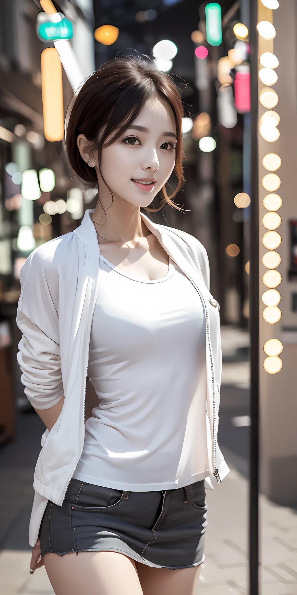 (8K,best qualtiy,tmasterpiece:1,2),(realisticlying,photo-realistic:1,37),top Quority,tmasterpiece,a beautiful woman,Wear a women's cut shirt, White T-shirt with round neck, Korean fashion female T,Tight open gray jacket,Beautiful and toned body,,Floral miniskirt,walking in the suburbs,Slightly drizzy night background,In a store with Korean-style shop lights, The atmosphere of the night,Slightly moist bitumen,An alluring smile with dimples,depth of fields