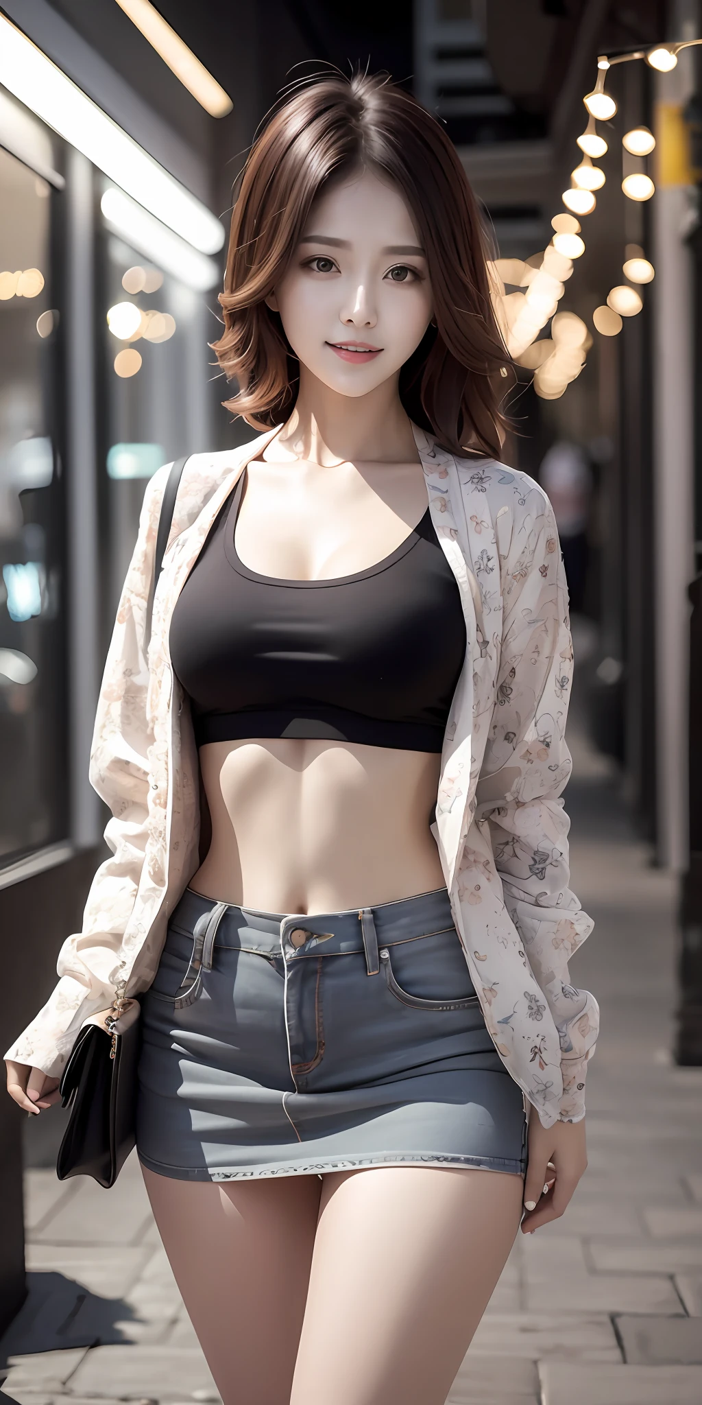 (8K,best qualtiy,tmasterpiece:1,2),(realisticlying,photo-realistic:1,37),top Quority,tmasterpiece,a beautiful woman,Wear a women's cut shirt, White T-shirt with round neck, Korean fashion female T,Tight open gray jacket,Beautiful and toned body,,Floral miniskirt,walking in the suburbs,Slightly drizzy night background,In a store with Korean-style shop lights, The atmosphere of the night,Slightly moist bitumen,An alluring smile with dimples,depth of fields