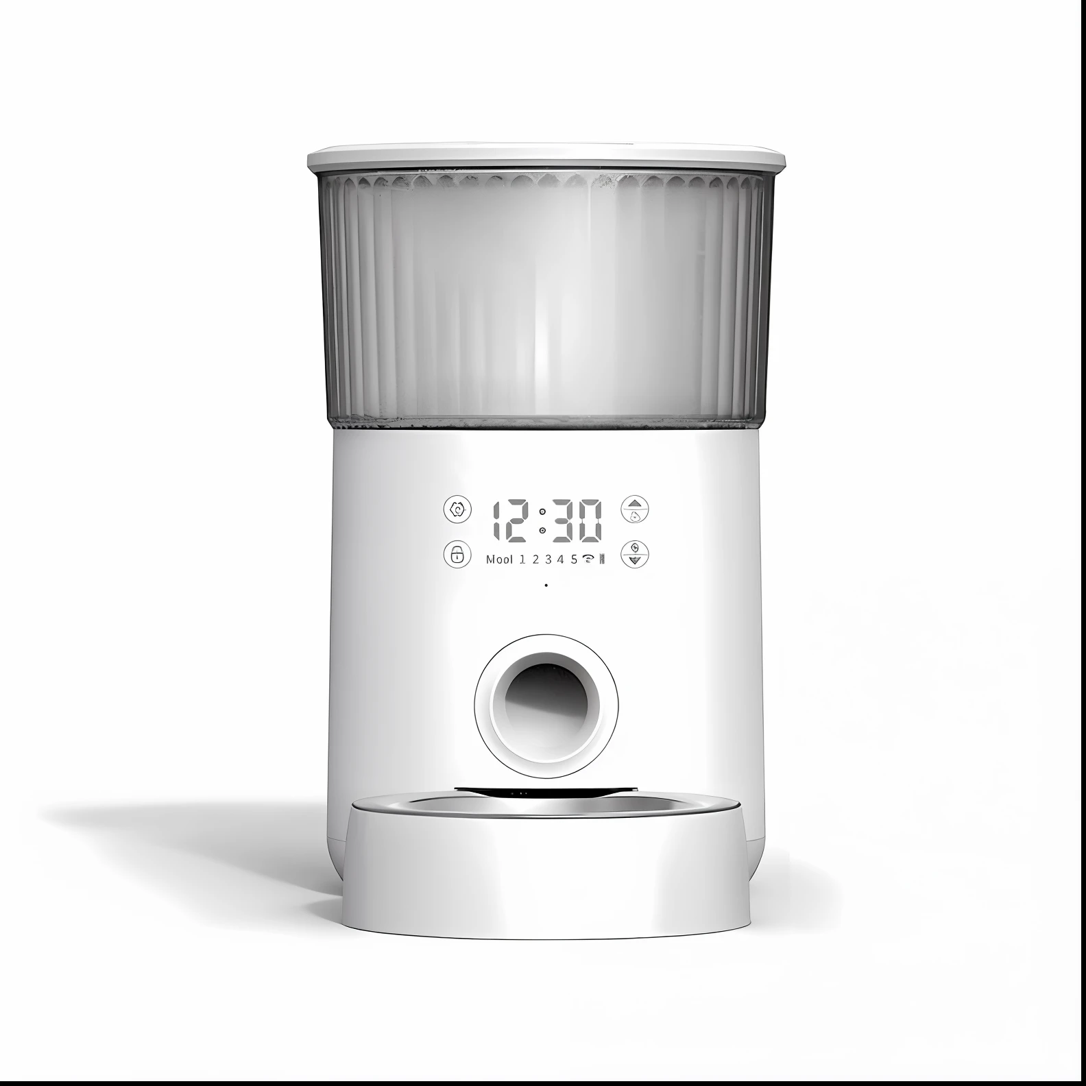 There is a white and gray blender，There is a clock on it, Product photo, product design shot, Night light, product introduction photos, 3 d product render, 1080p, 1 0 8 0 p, light lighting side view, 720p, 7 2 0 p, 4 8 0 p, 480p, top angle view