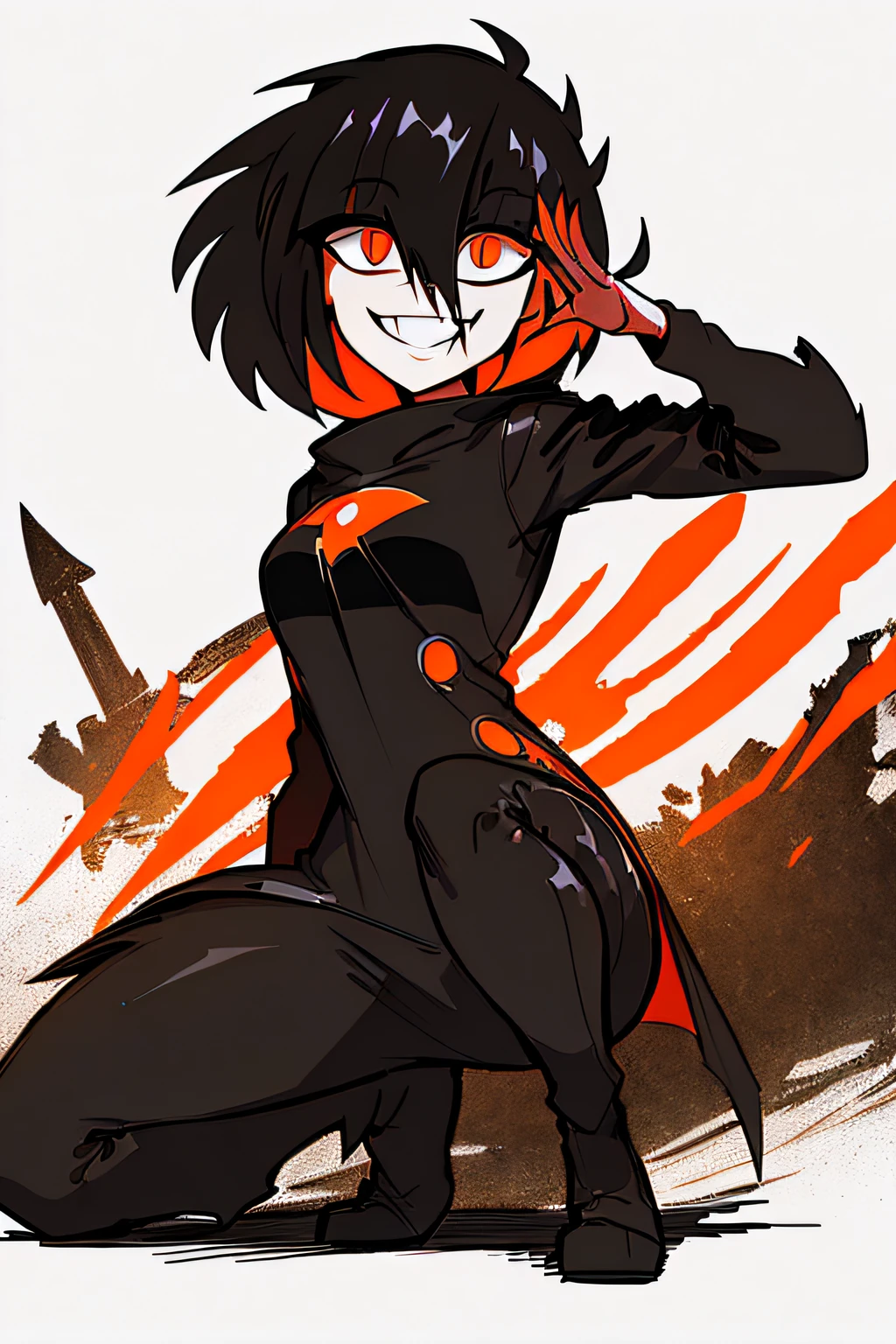 Best Quality, super detailed illustration, A girl, (Crazy orange eyes:1.2),(wide eyes:1.2), (short disheveled black hair:1.2),(crazy smile:1.2) ,(Scars:1.2), combat pose, the perfect body