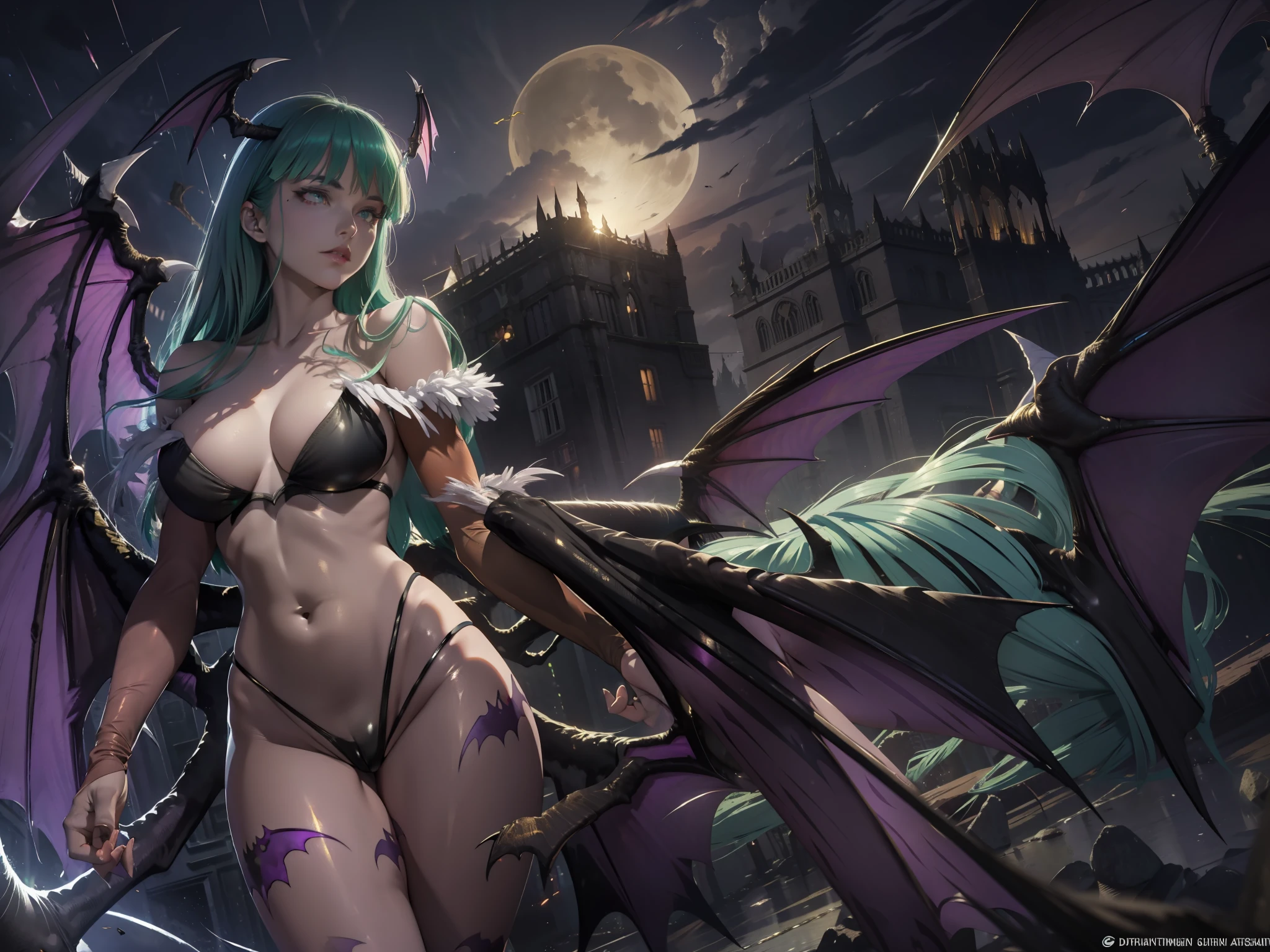 (detailed line art of a Morrigan Aensland,dark stalkers), natural body posture, alluring facial expression, golden shining eyes, dark eyeshadow, moonlight, Art by Carne Griffiths, by Wadim Kashin, by jean baptiste monge, symmetrical, (Dutch angle shot: 1.5)digital painting, concept art, voluminetric lighting,TanvirTamim, metallic reflections, 2d render, 8k. by artgerm, trending on artstation