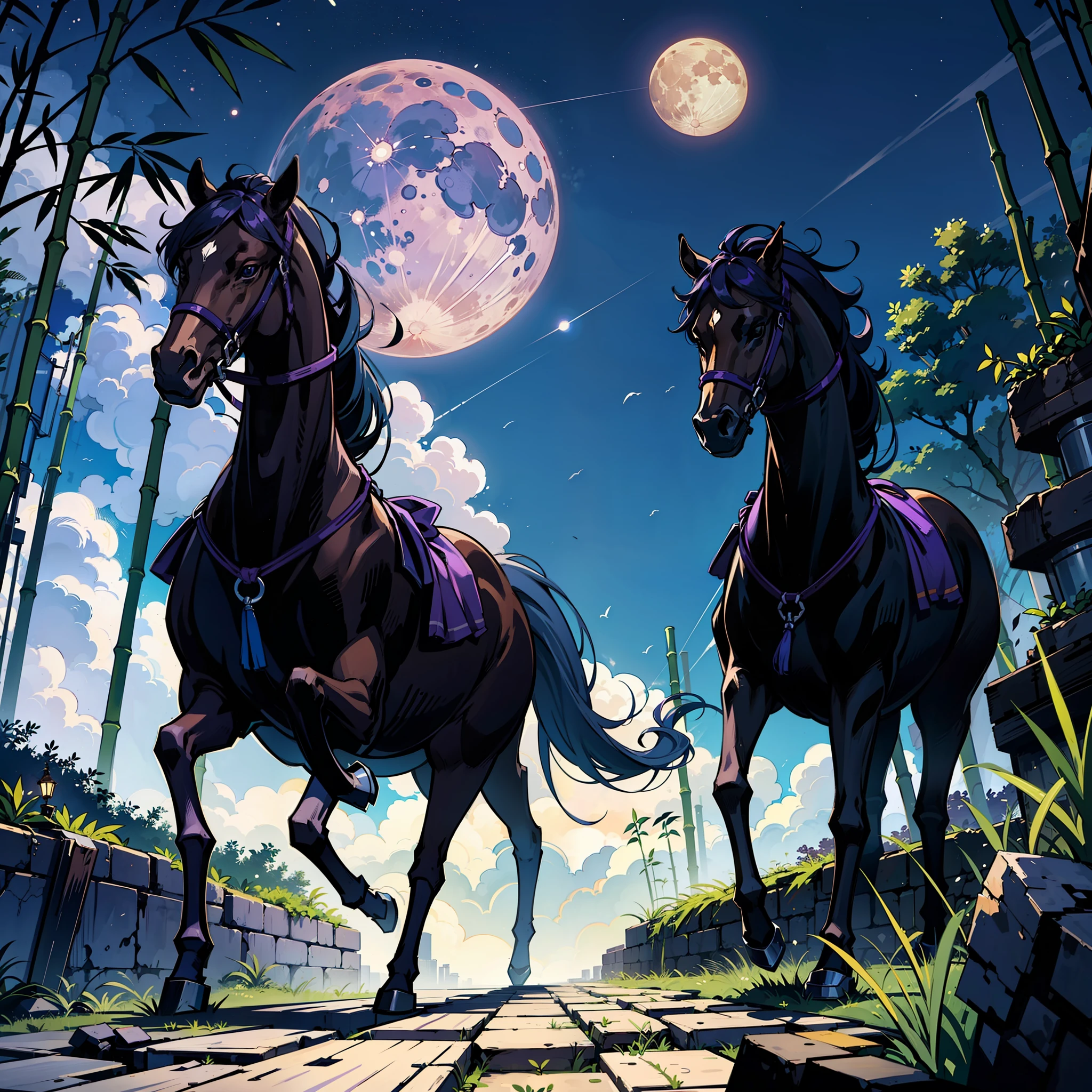 The hero galloped past in the fierce wind,bamboo forrest,themoon,Abandoned masonry。There were purple gases coming out of the cracks in the ground。 --auto