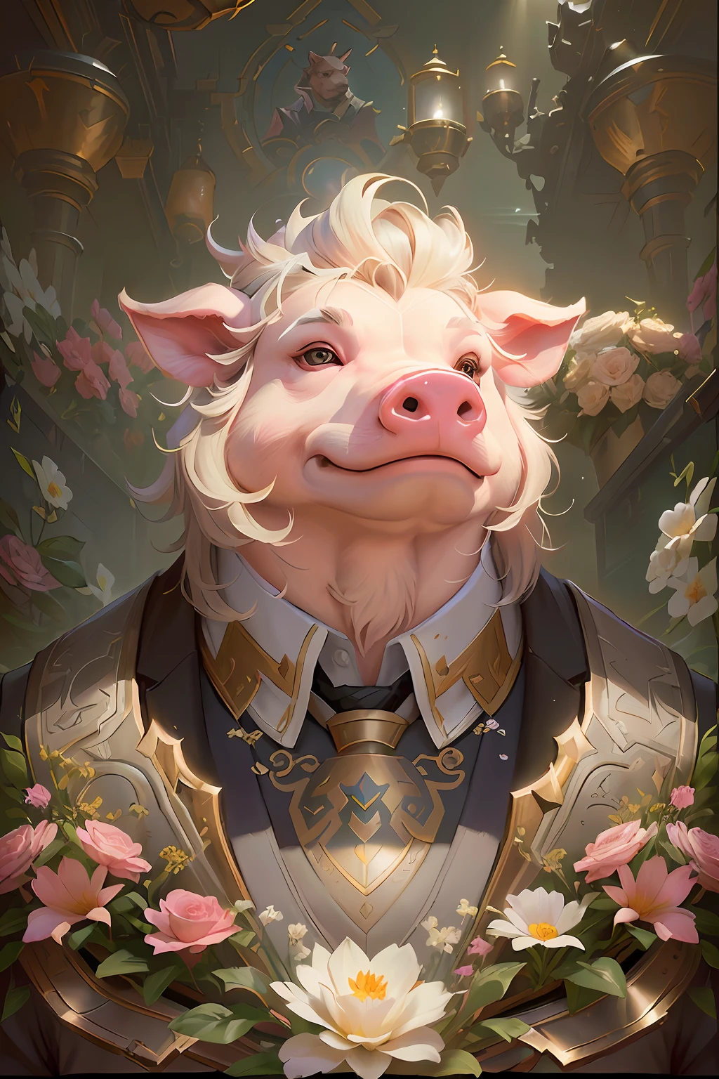 There was a pig wearing a suit and flowers, anthropomorphic warrior piglet, wojtek fus, collectible card art, masterpiece anthro portrait, Hearthstone card art, wlop and ross thran, hearthstone card artwork, yanjun cheng, ross tran and bayard wu, by Yang J, art by Wlop and Greg Rutkowski