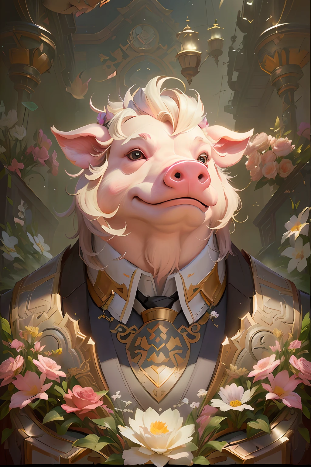 There was a pig wearing a suit and flowers, anthropomorphic warrior piglet, wojtek fus, collectible card art, masterpiece anthro portrait, Hearthstone card art, wlop and ross thran, hearthstone card artwork, yanjun cheng, ross tran and bayard wu, by Yang J, art by Wlop and Greg Rutkowski