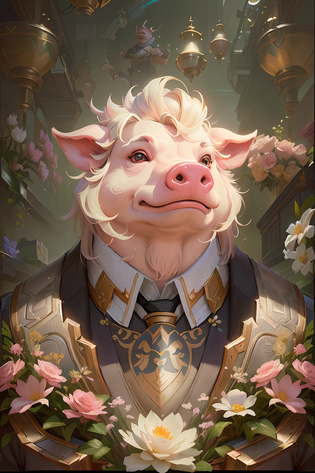 There was a pig wearing a suit and flowers, anthropomorphic warrior piglet, wojtek fus, collectible card art, masterpiece anthro portrait, Hearthstone card art, wlop and ross thran, hearthstone card artwork, yanjun cheng, ross tran and bayard wu, by Yang J, art by Wlop and Greg Rutkowski