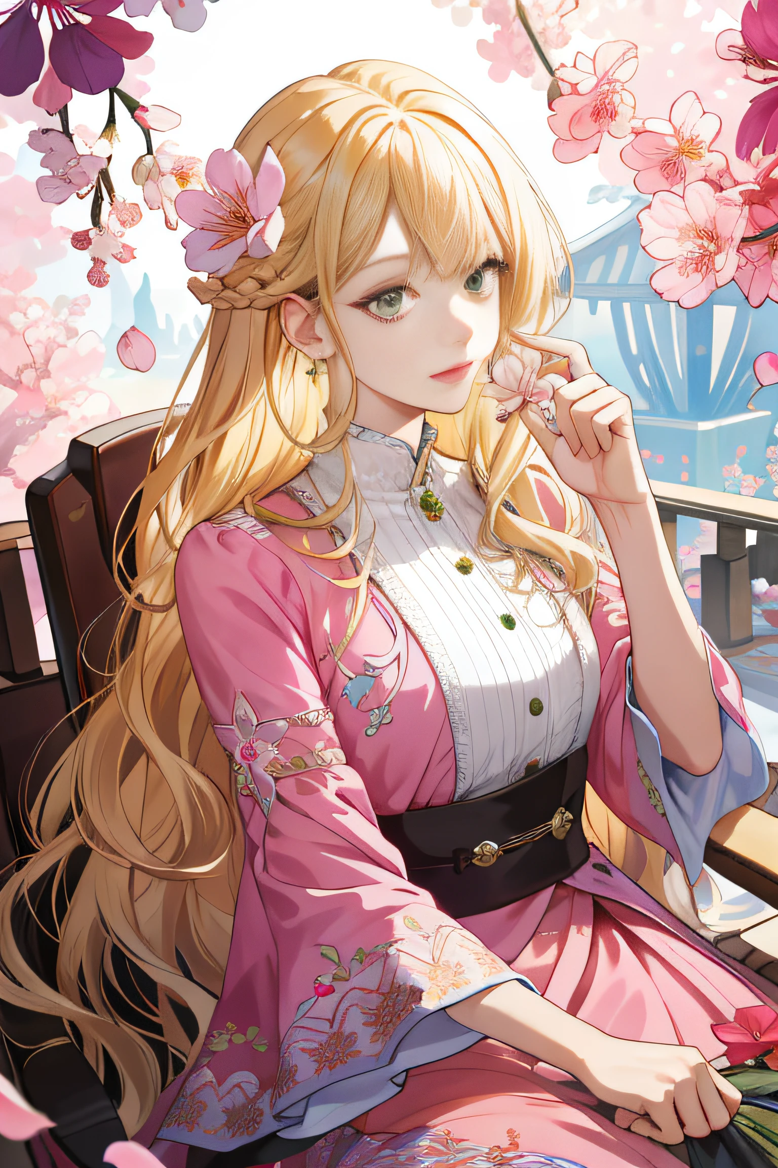(absurdres, highres, ultra detailed), 1girl, mature female, wavy blonde hair, long hair, blunt bangs, green eyes, pink dress, finely detailed eyes and detailed face, extremely detailed CG unity 8k wallpaper, intricate details, BREAK , kaleidoscopic imagery, symmetrical patterns, vibrant colors, geometric shapes, mesmerizing designs, optical illusions, dynamic composition BREAK , pantomime art, expressive body language, silent storytelling, evocative gestures, visual narratives, theatrical performances BREAK , blooming flowers, colorful petals, fragrant scents, nature's bounty, vibrant gardens, peaceful scenery