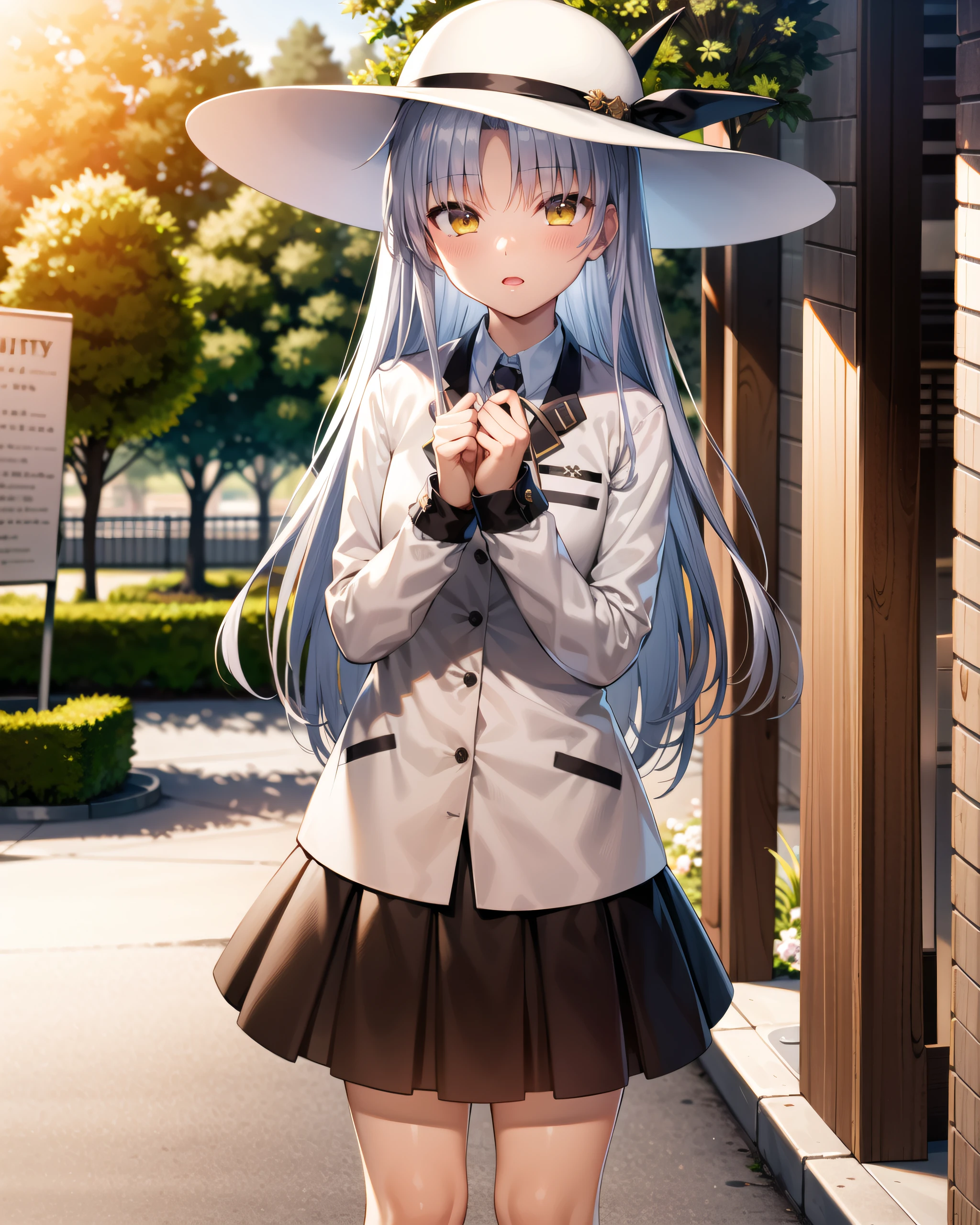 ((masterpiece)), ((best quality)), ((highres)), ((extremely detailed CG unity 8k wallpaper)), solo, tachibana kanade, tan school uniform, black skirt, white socks, curtained hair, silver hair, outdoors, sun hat, sunny, garden