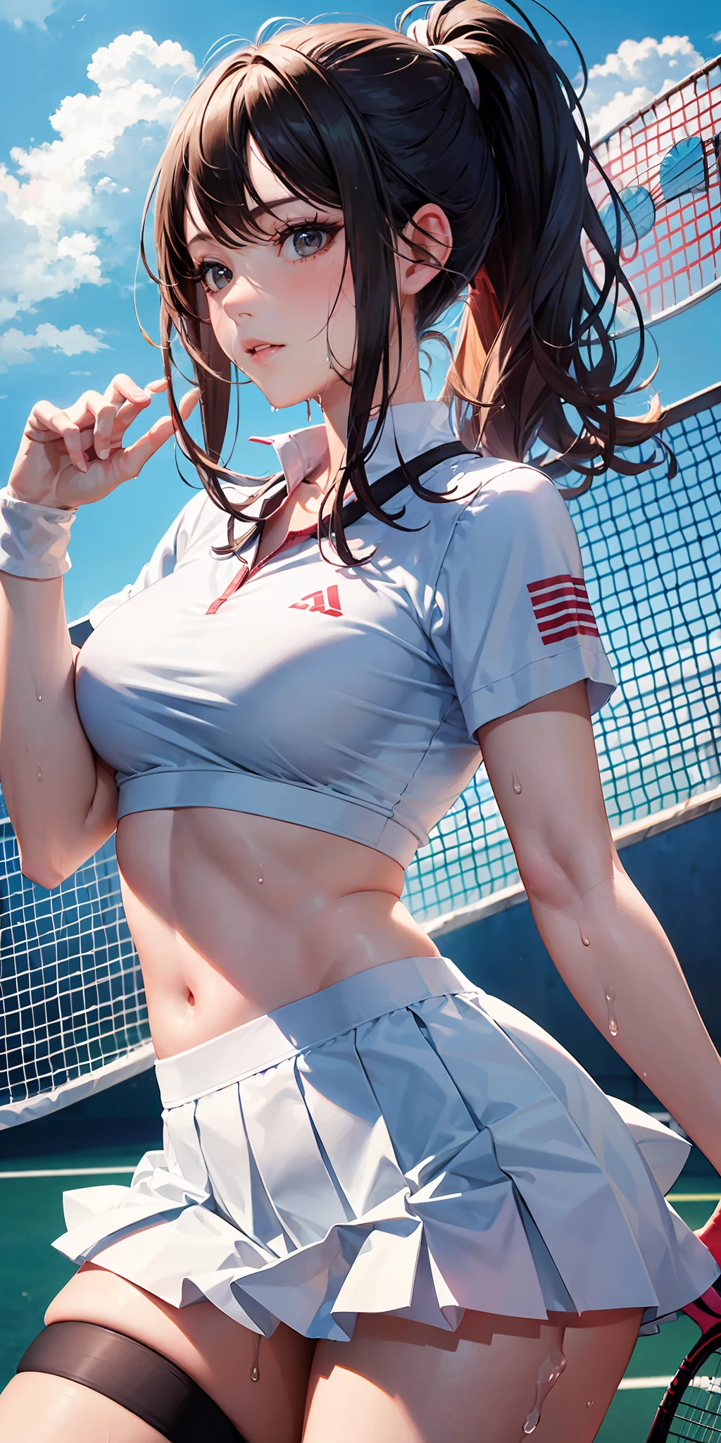 1girll,tennis player,s the perfect face,crisp breasts, Convex buttocks,White sports short sleeves,Short white pleated skirt,White sport socks,White tennis shoes,Wet hair,High ponytail,body soaking wet,Swing the paddle,tennis court,Sunnyday,Clouds, Detailed background, Clothing details, perfectly proportioned, filmgrain, Fuji colors, lightand shade contrast, tmasterpiece, high detal, high qulity, A high resolution, Cinematic lighting, 8K, Textured skin, Super detail