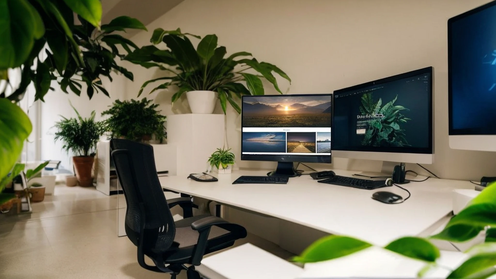 Office chairs and floors、Website design、personal computers、Advanced home page、PC close-up、Beautiful wide office background、Photo bokeh、top-quality、​masterpiece、8K、professional photograpy、Bluish photo、Studio Lighting、hight resolution、Diagonal angle of view、Tidy desk、houseplant、Many desks、Other PCs