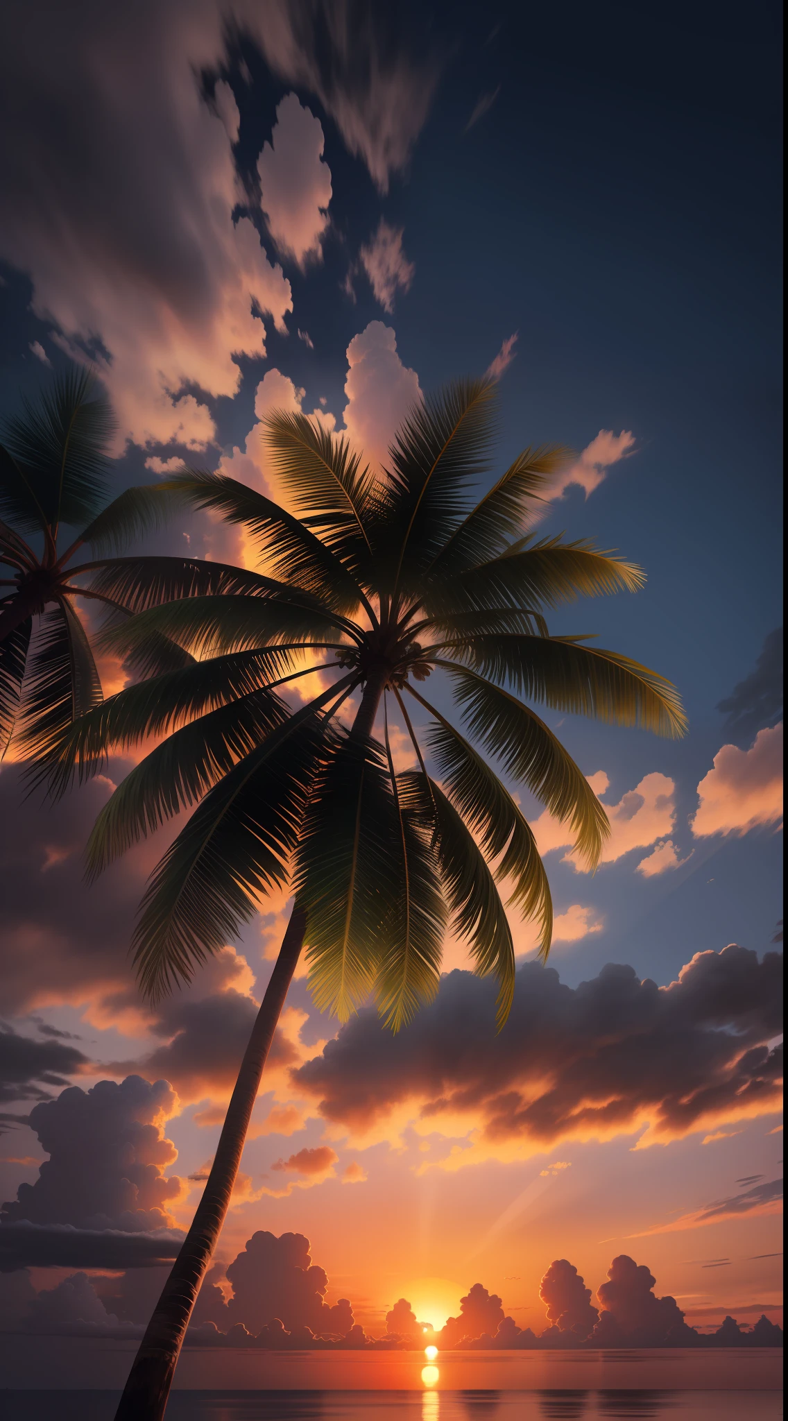 Sunset with coconut tree, coconut trees,colorful, cloudy,high resolution, high quality