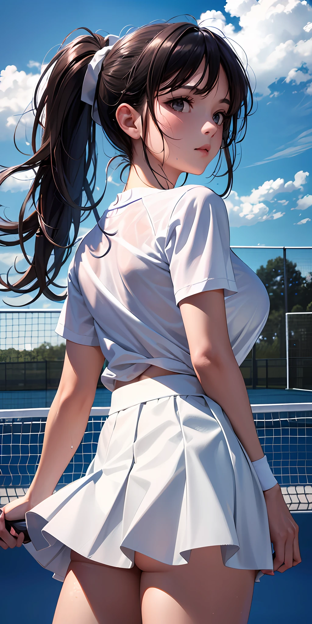 1girll,tennis player,s the perfect face,crisp breasts, Convex buttocks,White sports short sleeves,Short white pleated skirt,White sport socks,White tennis shoes,Wet hair,High ponytail,body soaking wet,Swing the paddle,tennis court,Sunnyday,Clouds, Detailed background, Clothing details, perfectly proportioned, filmgrain, Fuji colors, lightand shade contrast, tmasterpiece, high detal, high qulity, A high resolution, Cinematic lighting, 8K, Textured skin, Super detail
