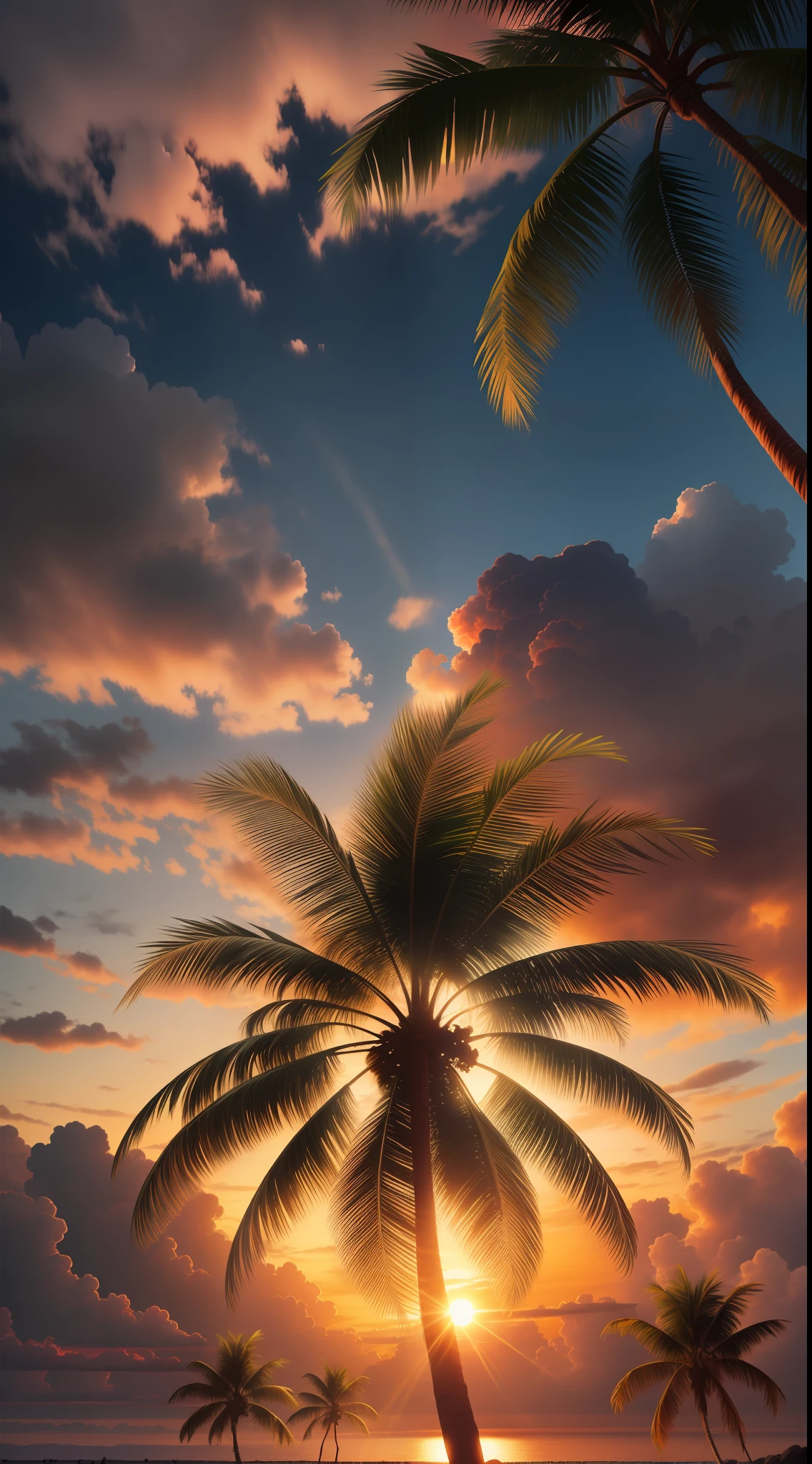 Sunset with coconut tree, coconut trees,colorful, cloudy,high resolution, high quality