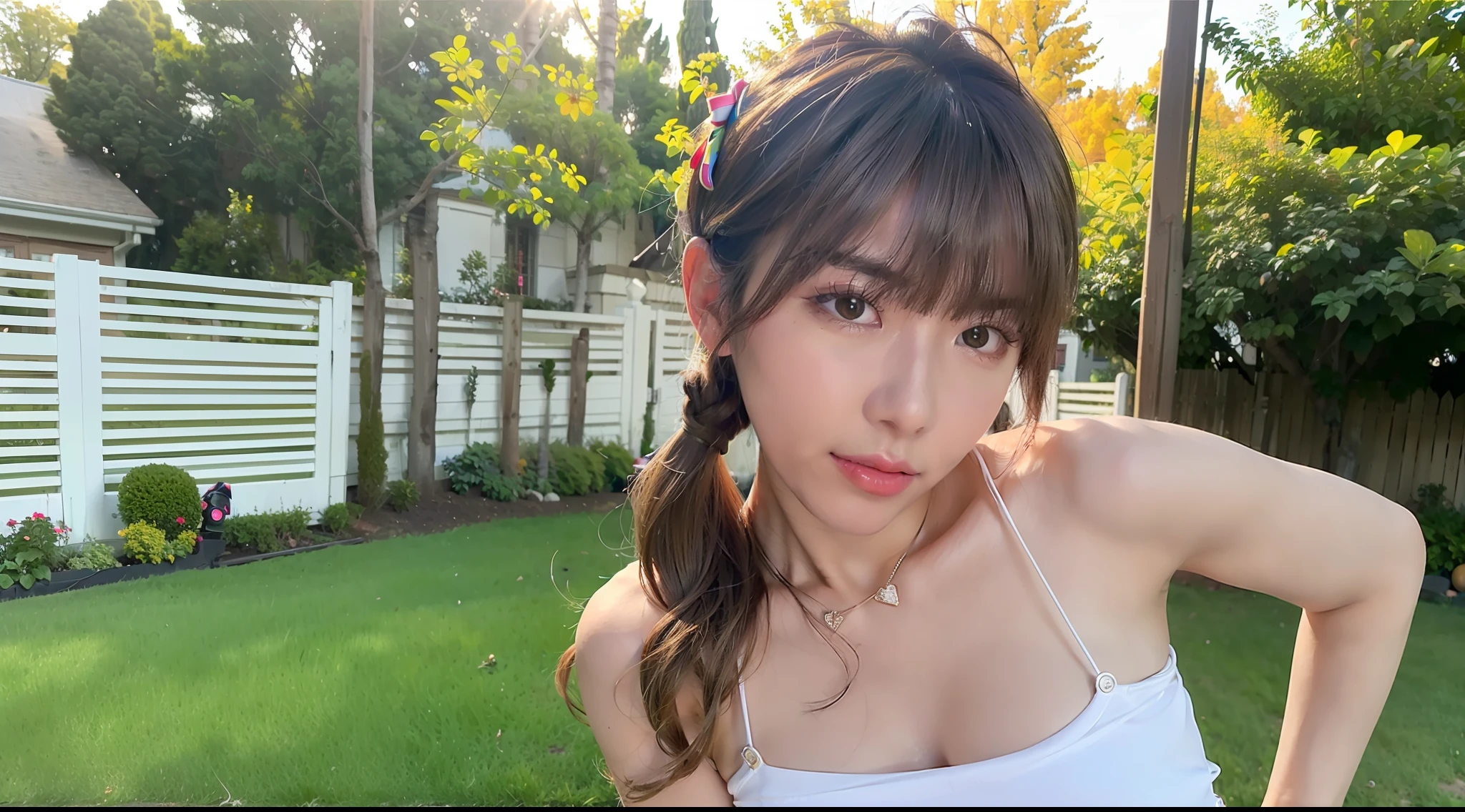 (8K, RAW photo, Best quality, Masterpiece:1.2), (Realistic, photo-realistic:1.37), Best quality, 超高分辨率, nfsw back lights, light  leaks, Dynamic lighting, Slim, Smooth skin,  (PureErosFace_V1:1), Bond, navel, Kpop idol, (Beautiful detailed eyes:1),(Beautiful detailed face:1),(freebuffing:1.2), Outdoors, Ulzzang-6500, 1girll, standing, Upper body, (:1.2), ,  From the front side, Front view,  view the viewer, Huge breasts, arms back behind, street, Sunlight,