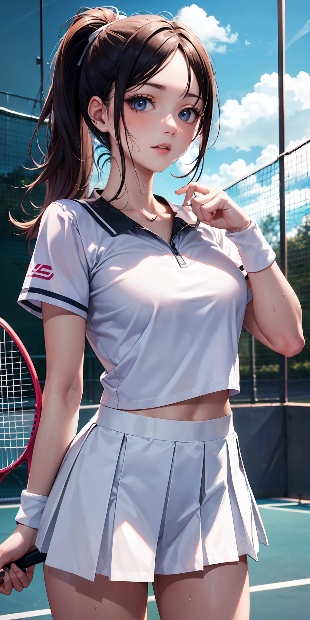 1girll，tennis player，s the perfect face，crisp breasts, Convex buttocks,White sports short sleeves，Short white pleated skirt，White sport socks，White tennis shoes，Wet hair，High ponytail，body soaking wet，Swing the paddle，tennis court，Sunnyday，Clouds， Detailed background, Clothing details, perfectly proportioned, filmgrain, Fuji colors, lightand shade contrast, tmasterpiece, high detal, high qulity, A high resolution, Cinematic lighting, 8K, Textured skin, Super detail