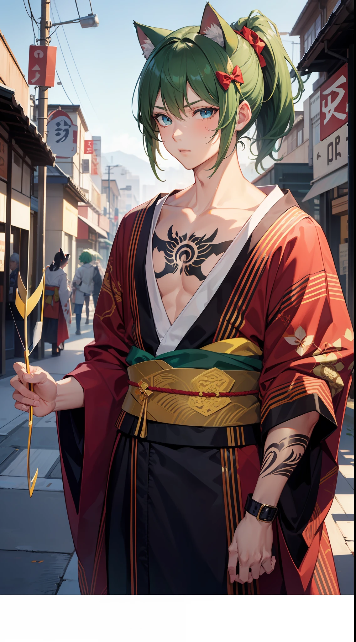 adult man, short green hair, high ponytail, blue eye color, cat ears, kimono, open shoulders, open chest, Tattoo, Bow and arrow, A Serious Look, Masterpiece, hiquality