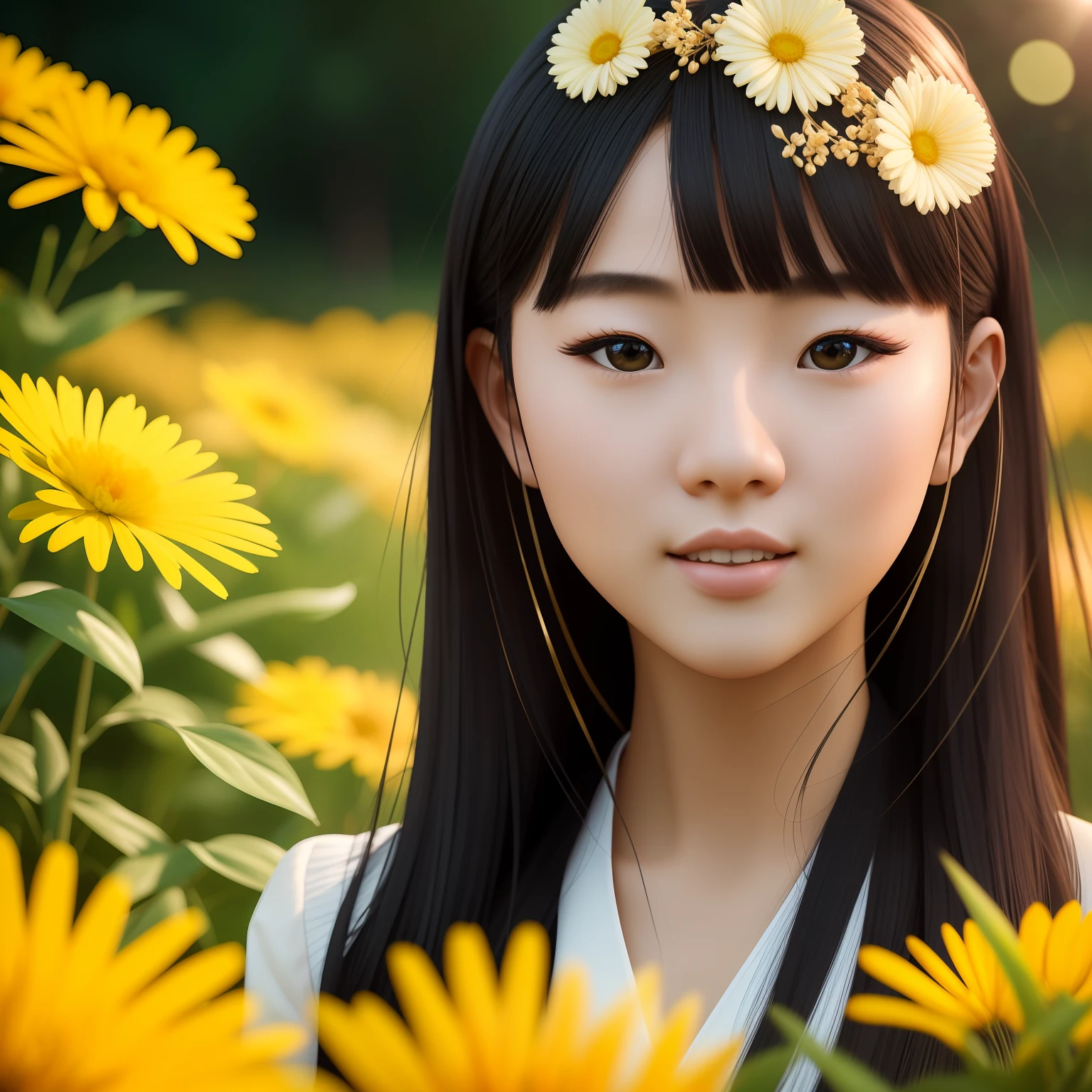 oriental girl，Heteropupil，largeeyes，fresh flowers，full bodyesbian，Open-mouthed，laughingly，Professional light，Depth of field 8K，Golden Magic Hour，professional photoshooting，rendering by octane，Ultra realistic - amazing sunlight，dynamic compositions，photography of，Sharp focus，freshen --auto