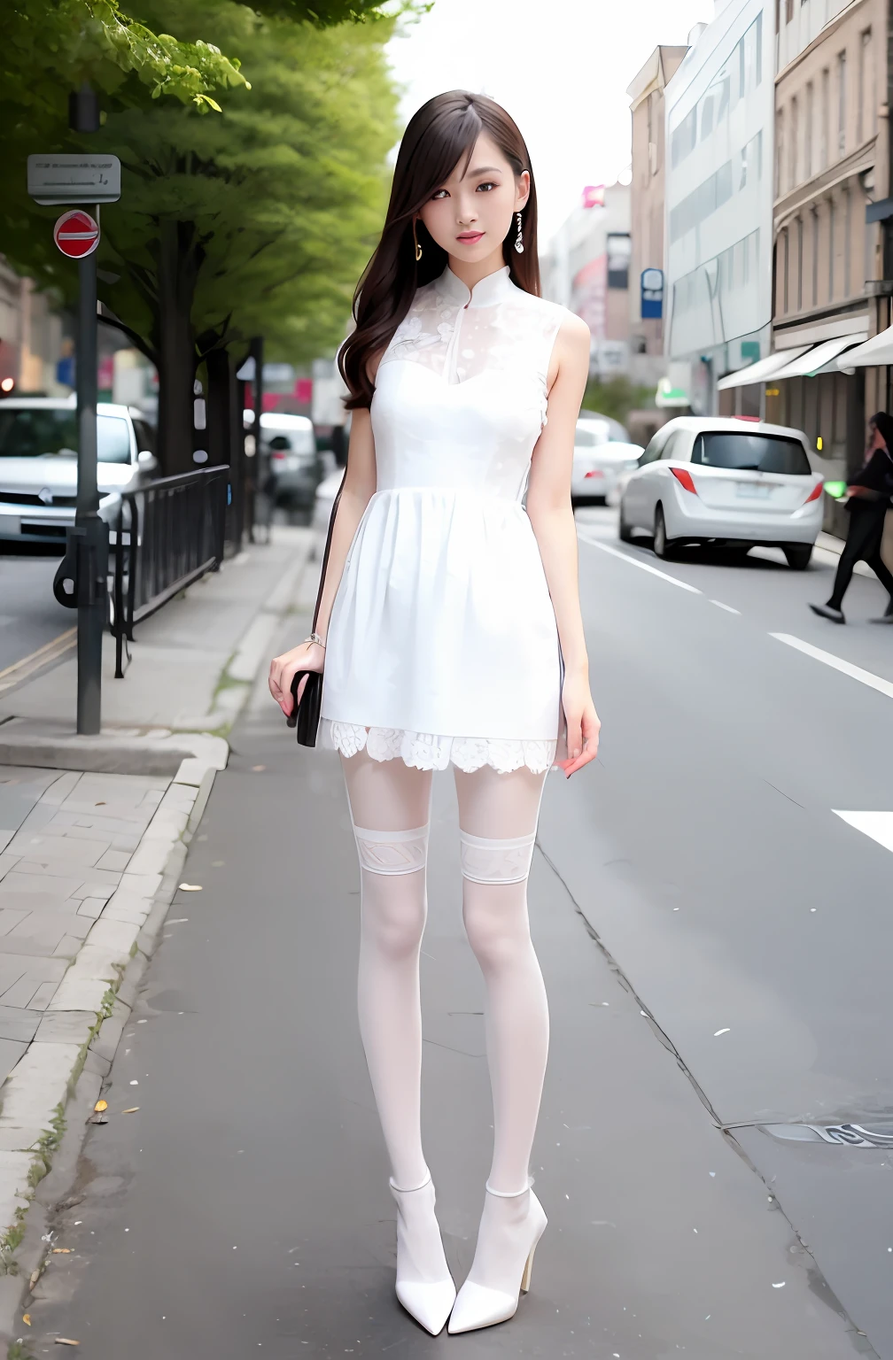 Woman in white lace dress standing on the sidewalk,Long thin legs, very beautiful long slim legs, very beautiful slim legs, Tights; On the street, chinese women's fashion model, mini-skirts, Long legs, Beautiful slim legs, photo of slim girl model, wearing tight simple clothes,White heels,realisticlying,hyper realisitc