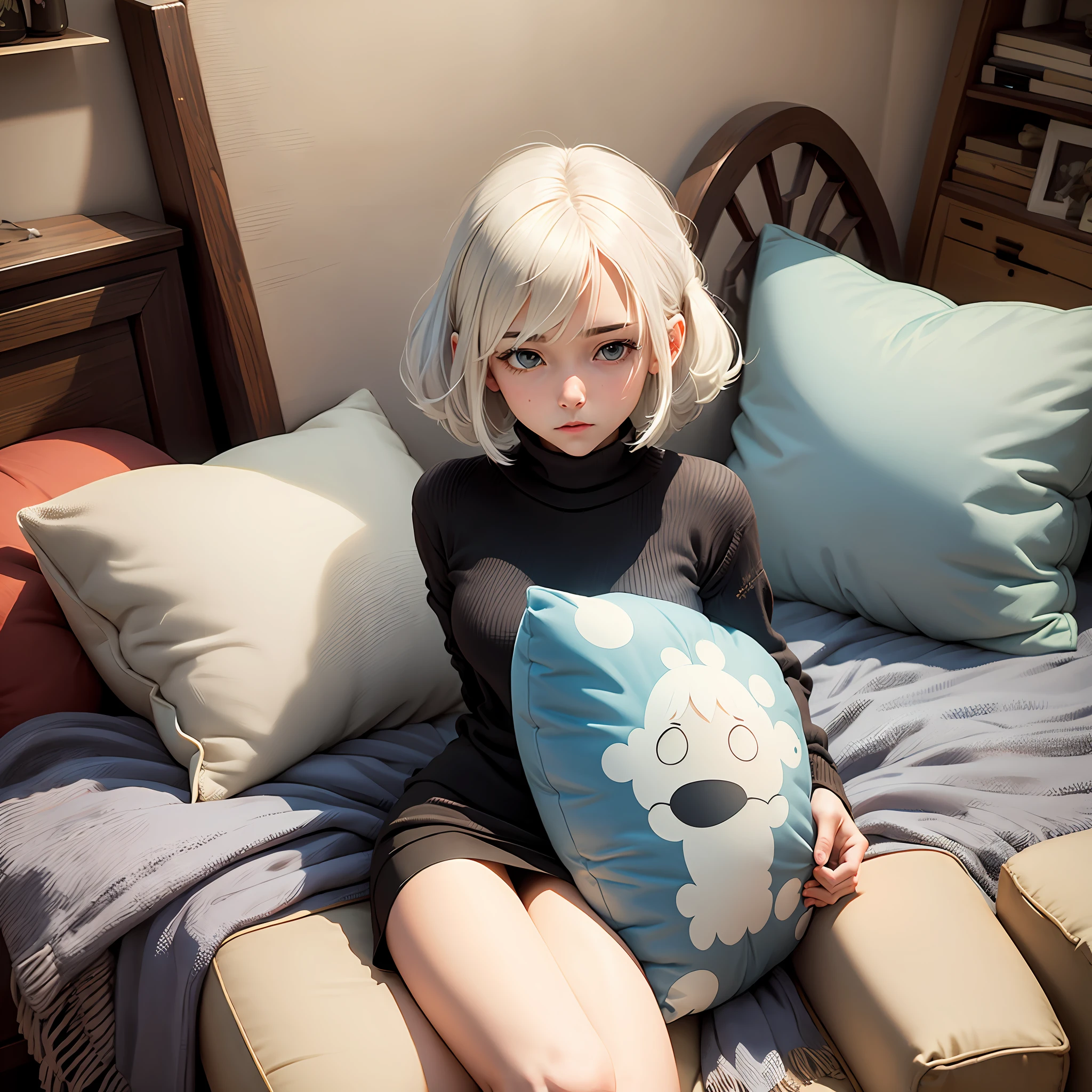 Two-dimensional style，A shy expression，Holding a throw pillow，White-haired girl author --auto