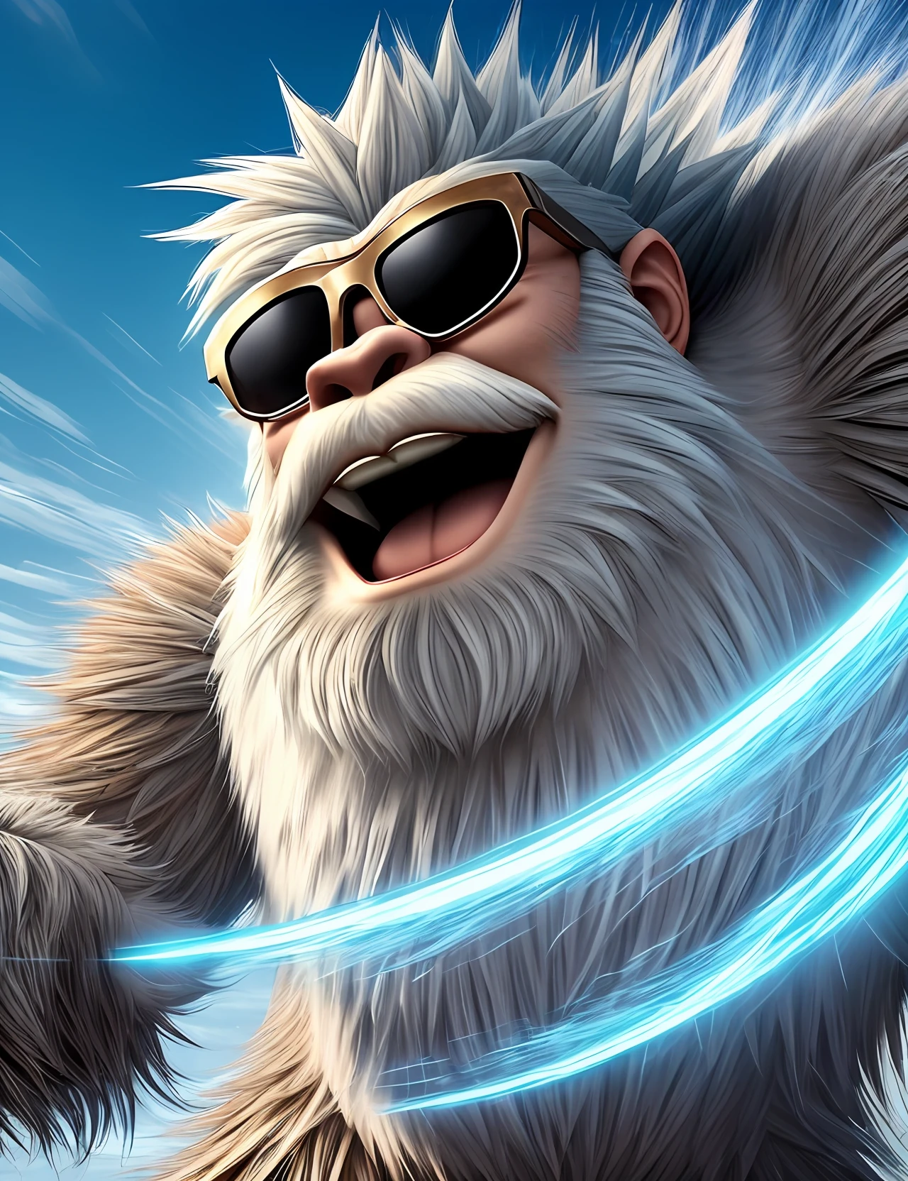Fairy tale. Funny cheerful Yeti Bigfoot, playfully squinting and laughing, pulls his hands to us to scare. In sunglasses. Good-natured, shaved face, Close-up, super photorealistic, cinematic, dynamic, cartoon style Midjourney ai. DVD --auto --s2