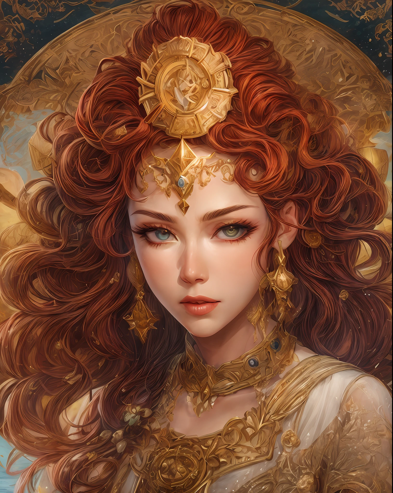 （hoang lap、high high quality、ultra detailed to hand），Zodiac sign- Aries goddess，Similar to Latin goodness，bravery，willful，Productive，The face of enterprising and humanitarianism，sunset reddish hair，Ancient Greek costumes、See-through dresses，The background is the ocean，crystal shining eyes（Eyes detailed），Powerful power appearance