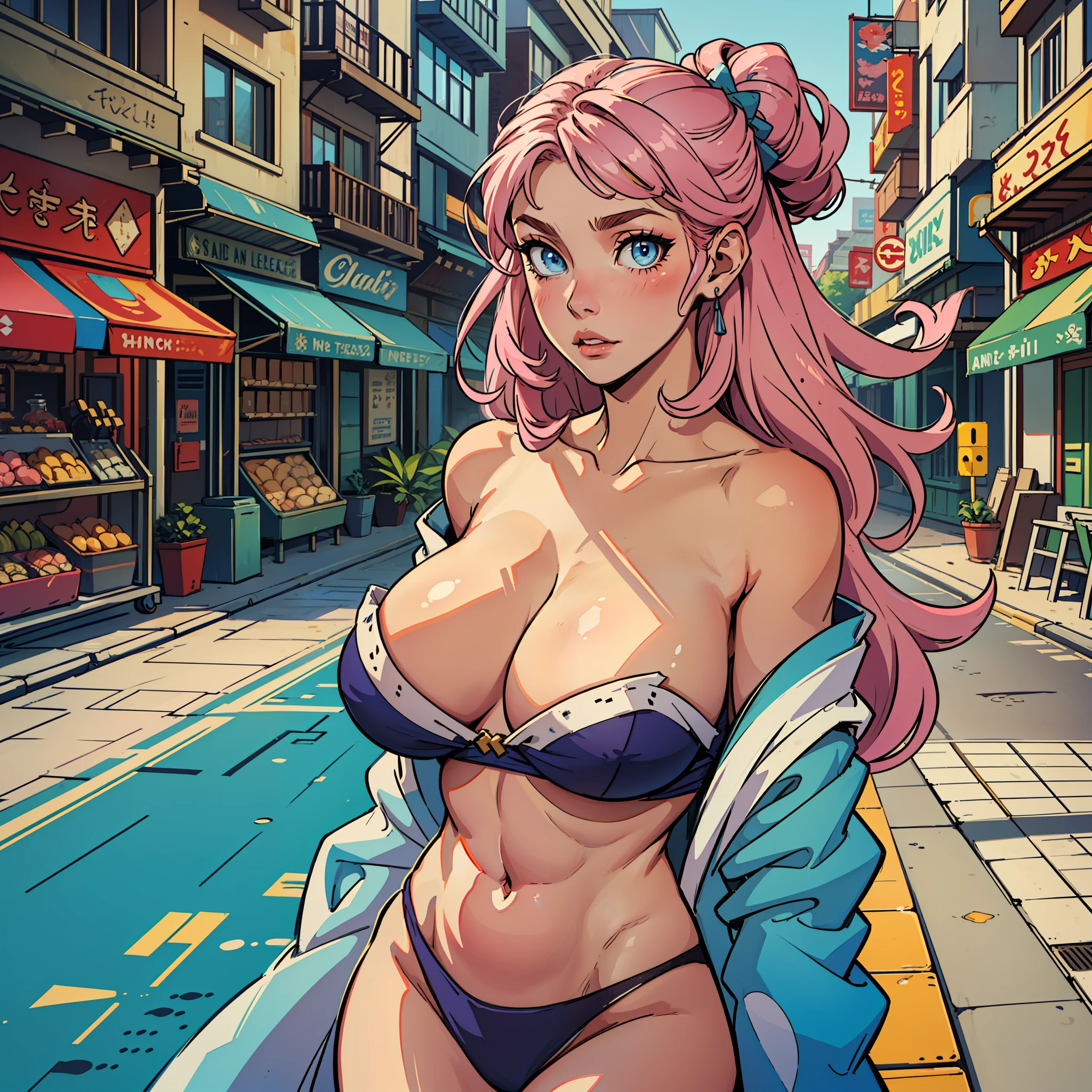 Pixel art, A pink-haired, long whitr hair,animification, sandbeach, Stand on the bustling streets,White skin of the, Gorgeous off-the-shoulder kimono, boobgasm, huge boob,huge tit,figure, blue color eyes,Gentle