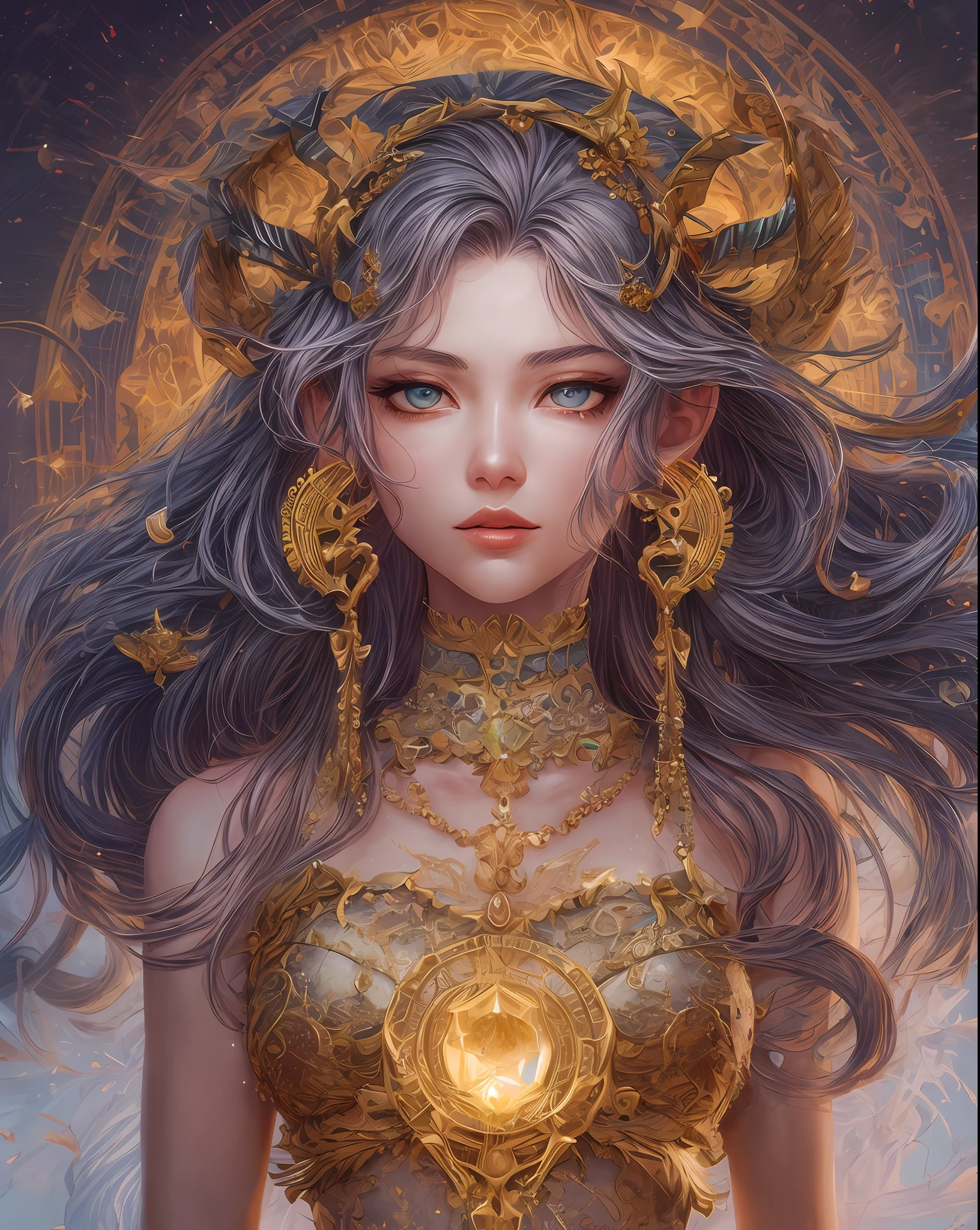 (hoang lap、high high quality、ultra detailed to hand),Zodiac sign- Aries goddess,Similar to Latin goodness,bravery,willful,Productive,The face of enterprising and humanitarianism,sunset reddish hair,Ancient Greek costumes、See-through dresses,The background is the ocean,Crystal green eyes(Eyes detailed),Powerful power appearance