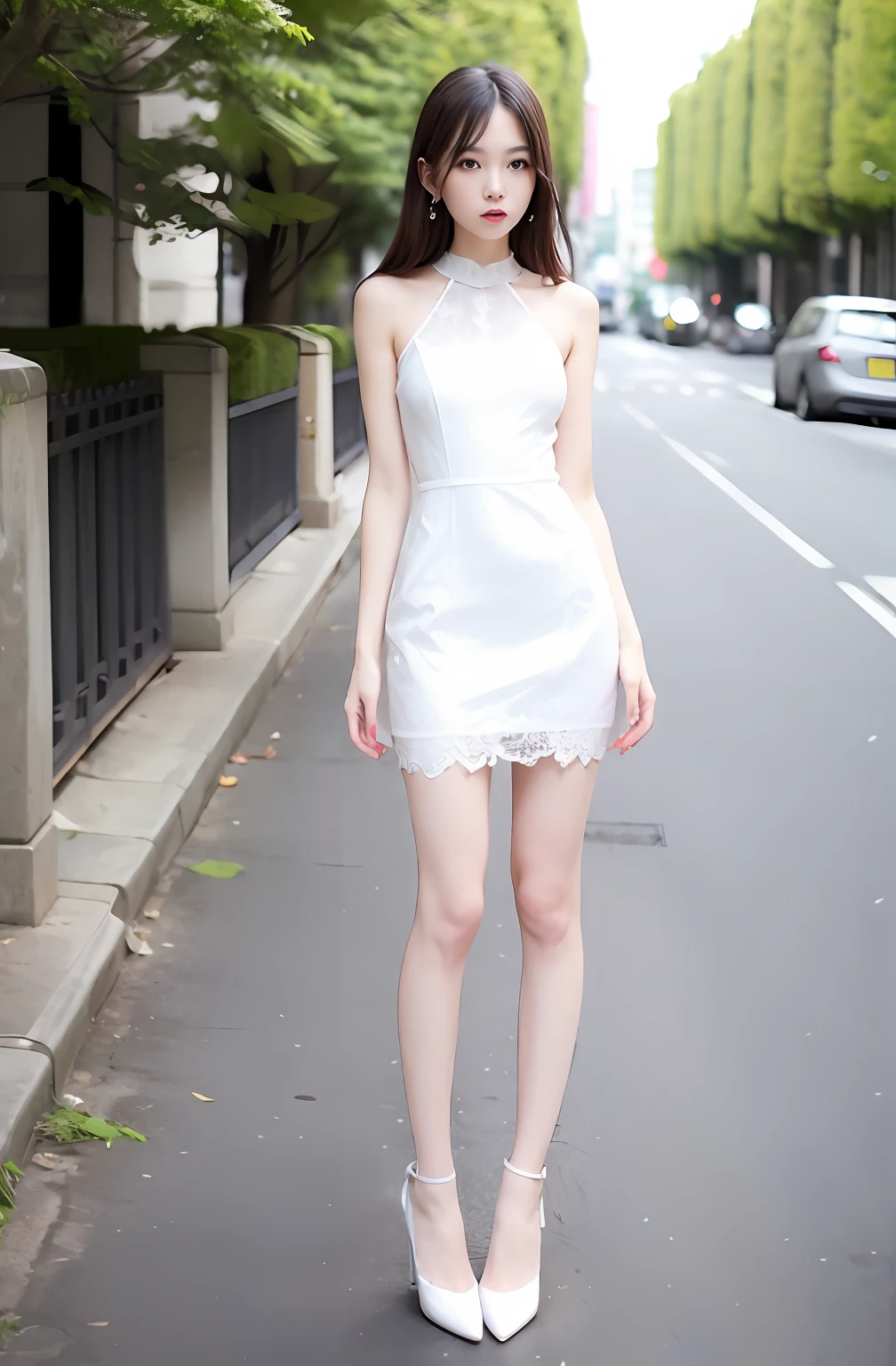 Woman in white lace dress standing on the sidewalk，Long thin legs, very beautiful long slim legs, very beautiful slim legs, Gray cassetters; On the street, chinese women's fashion model, mini-skirts, Long legs, Beautiful slim legs, photo of slim girl model, wearing tight simple clothes，White heels，realisticlying，hyper realisitc