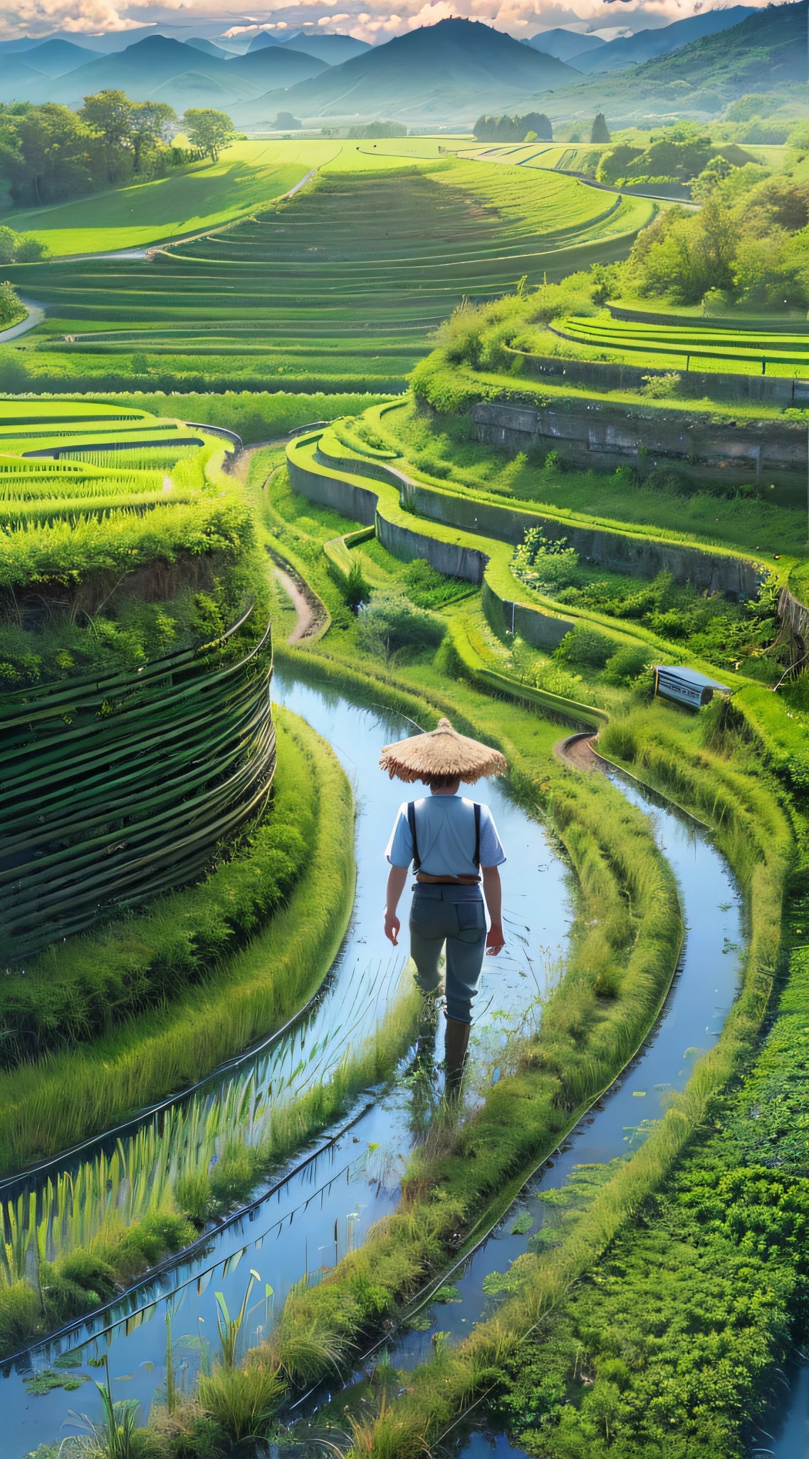 An old farmer carrying a flat burden, walking on the winding path of the countryside, big clouds, blue sky, rice fields, neat rice seedlings in the field, forest, hillside, secluded, countryside, HD detail, hyper-detail, cinematic, surrealism, soft light, deep field focus bokeh, ray tracing and surrealism. --v6