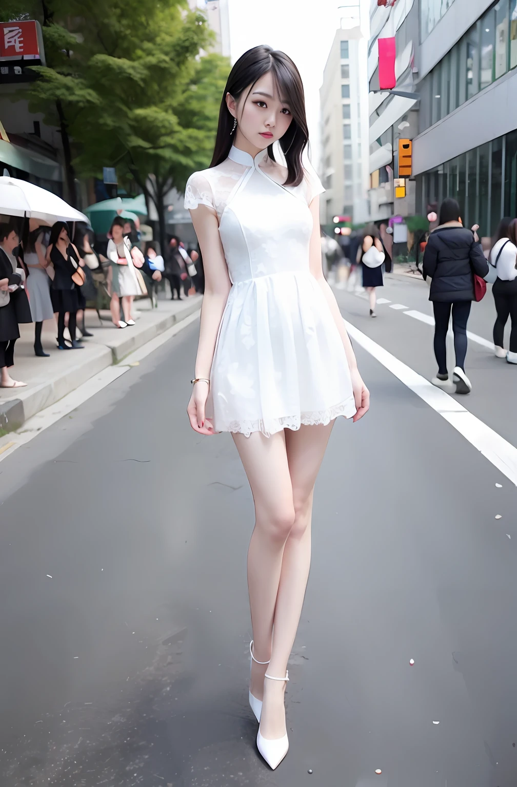 Chinese woman in lace dress standing on sidewalk，Long thin legs, very beautiful long slim legs, very beautiful slim legs, Tights; On the street, chinese women's fashion model, mini-skirts, Long legs, Beautiful slim legs, photo of slim girl model, wearing tight simple clothes，White heels，realisticlying，hyper realisitc，spread their legs