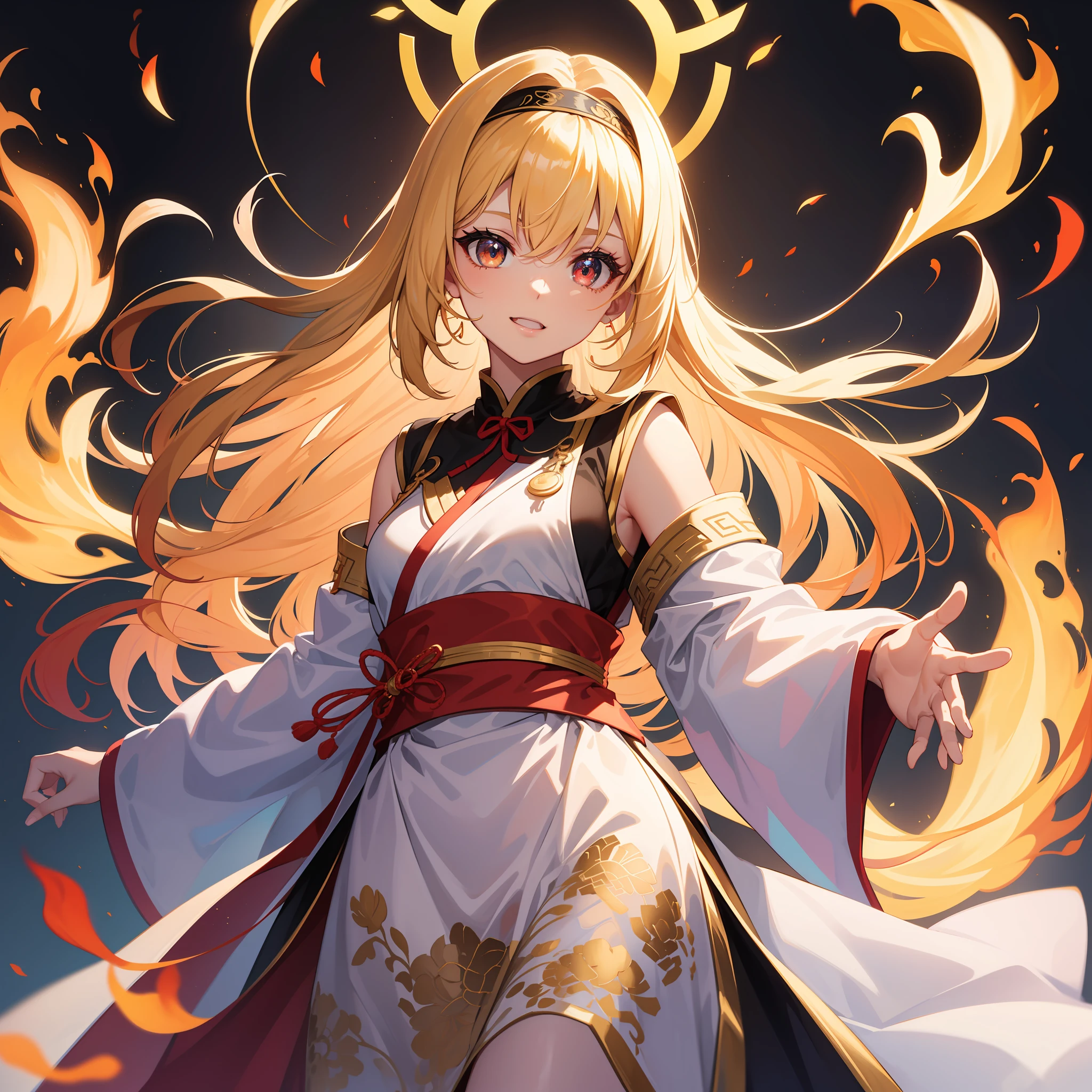 1girll,Flame hair,O cabelo multicolorido,Flame-colored eyes,Wear a mask on your head,Sideslit,light particules,the wallpaper,( Masterpiece:1.5),( Best quality:1.5),( Ultra-detailed:1.5), illustration,( 1girll:1.5),( Solo:1.5), Anime, charact, the lora, Cowboy shot, Perfect face, Glossy glossy skin, Long hair, Beautiful detailed eyes, Beautiful flowing hair,( holograph:1.3),( holographic clothing:1.3)((4K,Masterpiece,Best quality)), shuimobysim, Traditional Chinese painting, Hanfu, maxikit, 1girll, Solo, long whitr hair, ssmile, standing on your feet,nedium breasts,tmasterpiece,Best quality at best,A high resolution,kei1,1girll,独奏,Flame eyes,long whitr hair,Black bandeau apron,ribbons,By bangs,鎖骨,white skirt,Black bow,Neck strap,hair between eye,The collar is in a line,cropped shoulders,ssmile,(tmasterpiece,best qualityer),((1girll,(mature),Ninim Roray,),(Beautiful flame hair),(red eyes,beautidful eyes,Eye highlights,sharp sharp eyes),(looking at viewert,flor branca)),(A high resolution,color difference),divino,