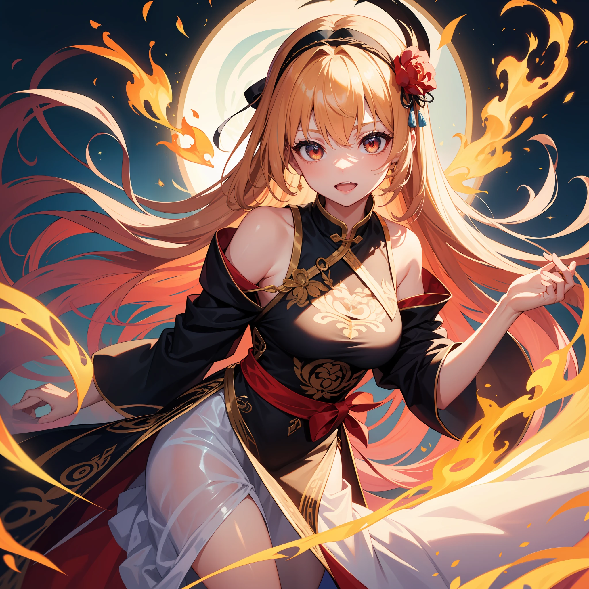 1girll,Flame hair,O cabelo multicolorido,Flame-colored eyes,Wear a mask on your head,Sideslit,light particules,the wallpaper,( Masterpiece:1.5),( Best quality:1.5),( Ultra-detailed:1.5), illustration,( 1girll:1.5),( Solo:1.5), Anime, charact, the lora, Cowboy shot, Perfect face, Glossy glossy skin, Long hair, Beautiful detailed eyes, Beautiful flowing hair,( holograph:1.3),( holographic clothing:1.3)((4K,Masterpiece,Best quality)), shuimobysim, Traditional Chinese painting, Hanfu, maxikit, 1girll, Solo, long whitr hair, ssmile, standing on your feet,nedium breasts,tmasterpiece,Best quality at best,A high resolution,kei1,1girll,独奏,Flame eyes,long whitr hair,Black bandeau apron,ribbons,By bangs,鎖骨,white skirt,Black bow,Neck strap,hair between eye,The collar is in a line,cropped shoulders,ssmile,(tmasterpiece,best qualityer),((1girll,(mature),Ninim Roray,),(Beautiful flame hair),(red eyes,beautidful eyes,Eye highlights,sharp sharp eyes),(looking at viewert,flor branca)),(A high resolution,color difference),divino,