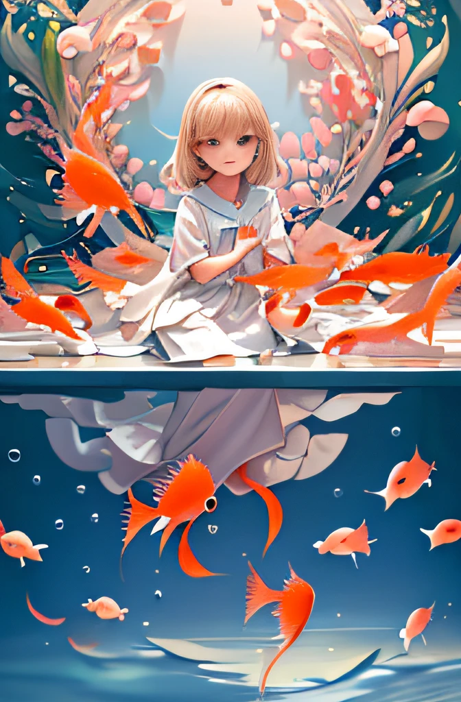 (Masterpiece), Best Quality, Illustration, Beautiful Details Glow, 1 Cute Little Girl, Cute Facial Features, Solo, Full Body, White Cloth, Lotus, (Goldfish), Unified 8k wallpaper, detailed, beautiful and aesthetic