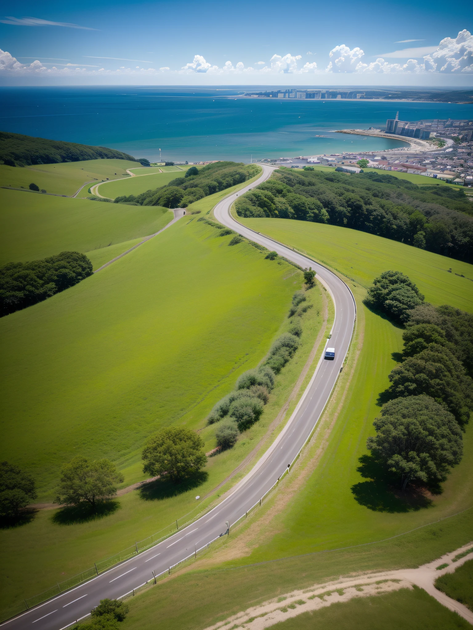 top-quality、a picture、(Photorealsitic:1.4)、(hyper realisitic:1.4)、(Cinematic:1.5)、1 photo、a long and winding road, grass field、You can see the big city and the sea in the distance、blue-sky、motor car、