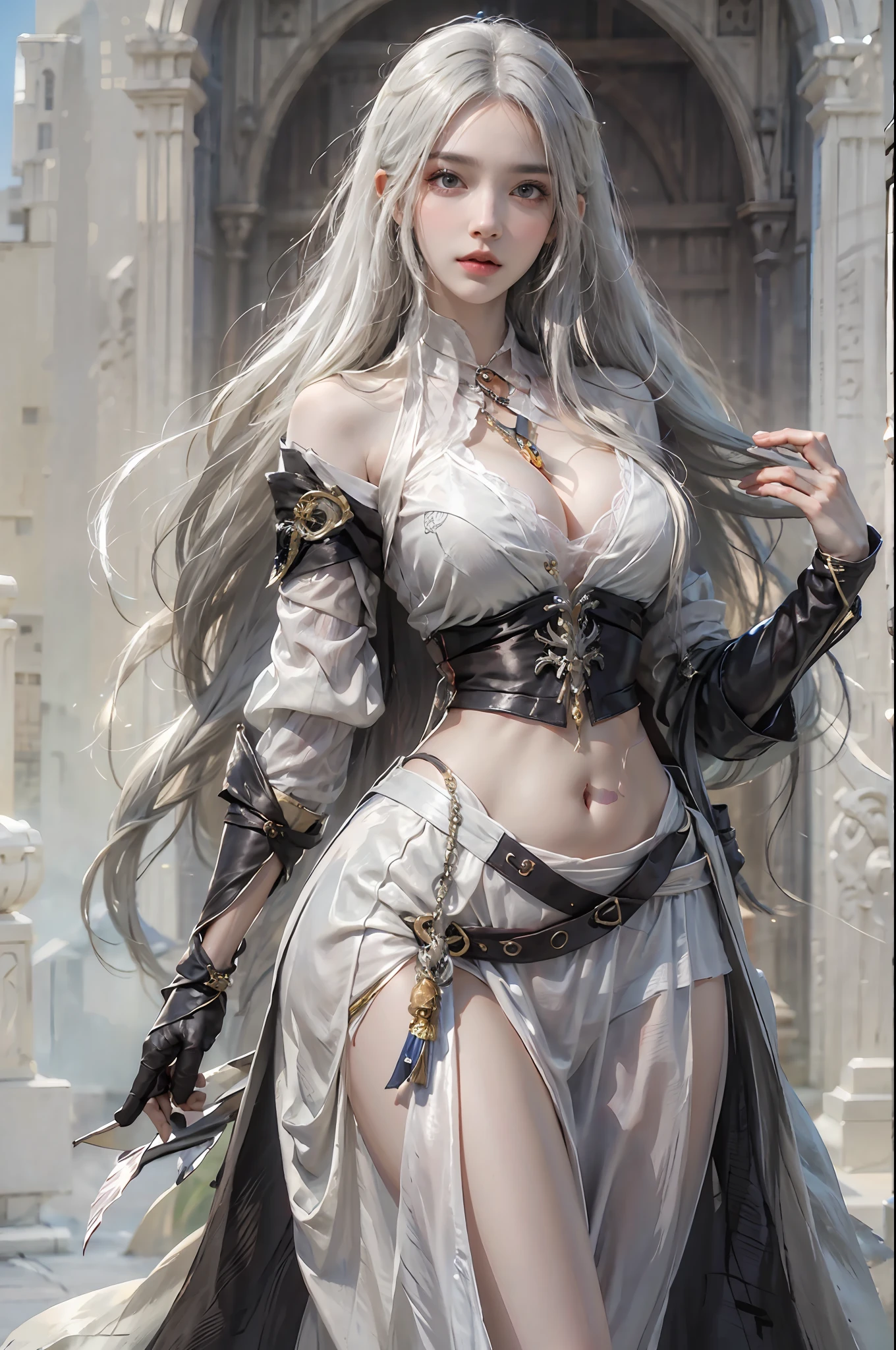 photorealistic, high resolution, 1 girl, hips up, white long hair, beautiful eyes, normal breast, dark souls style