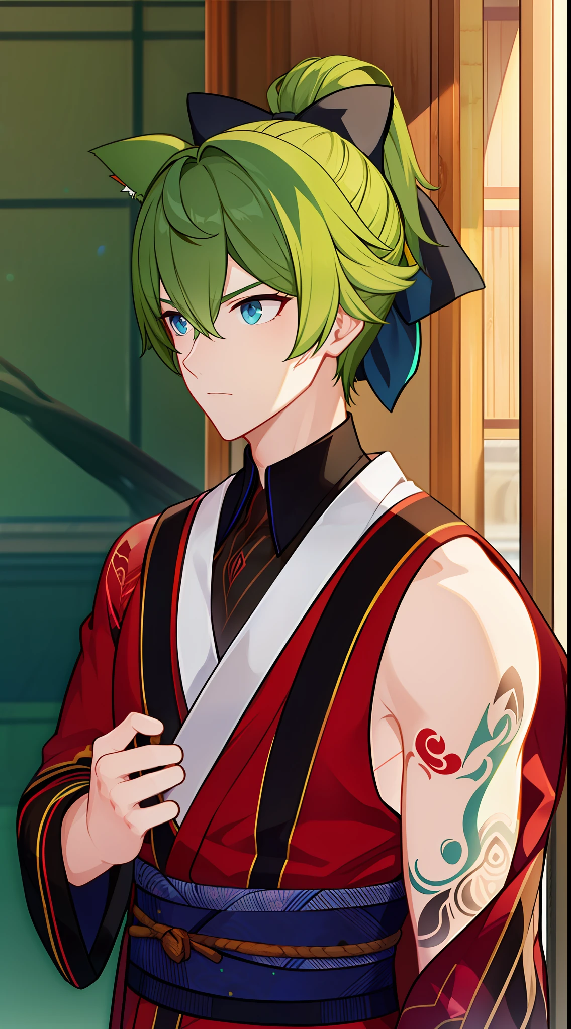 adult man, short green hair, high ponytail, blue eye color, cat ears, kimono, open shoulders, open chest, Tattoo, Bow and arrow, A Serious Look, Masterpiece, hiquality