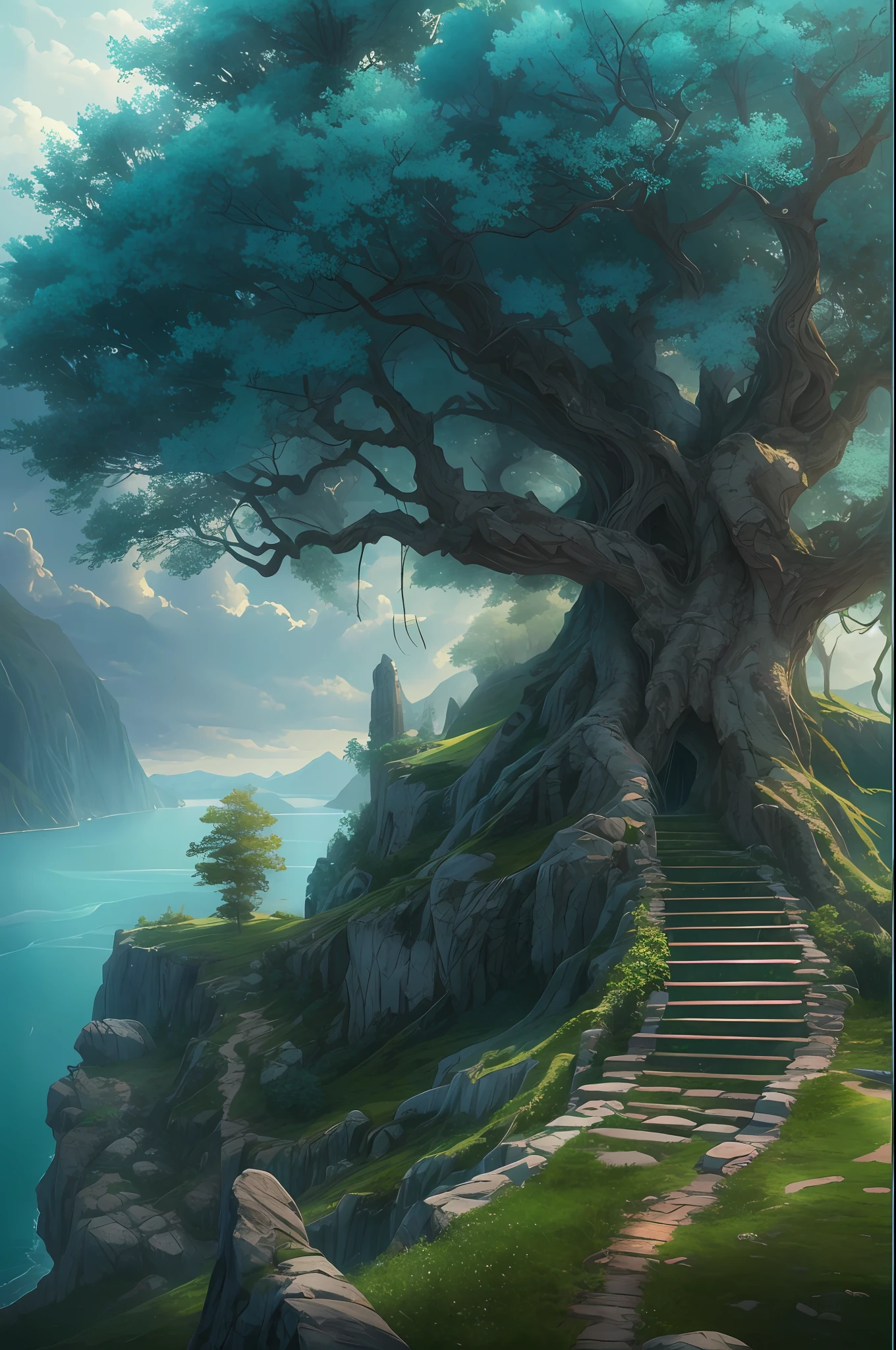 tree of world, masterpiece, best quality, high quality, extremely detailed CG unity 8k wallpaper, scenery, outdoors, sky, cloud, day, no humans, mountain, landscape, water, tree, blue sky, waterfall, cliff, nature, lake, river, cloudy sky,award winning photography, Bokeh, Depth of Field, HDR, bloom, Chromatic Aberration ,Photorealistic,extremely detailed, trending on artstation, trending on CGsociety, Intricate, High Detail, dramatic, art by midjourney