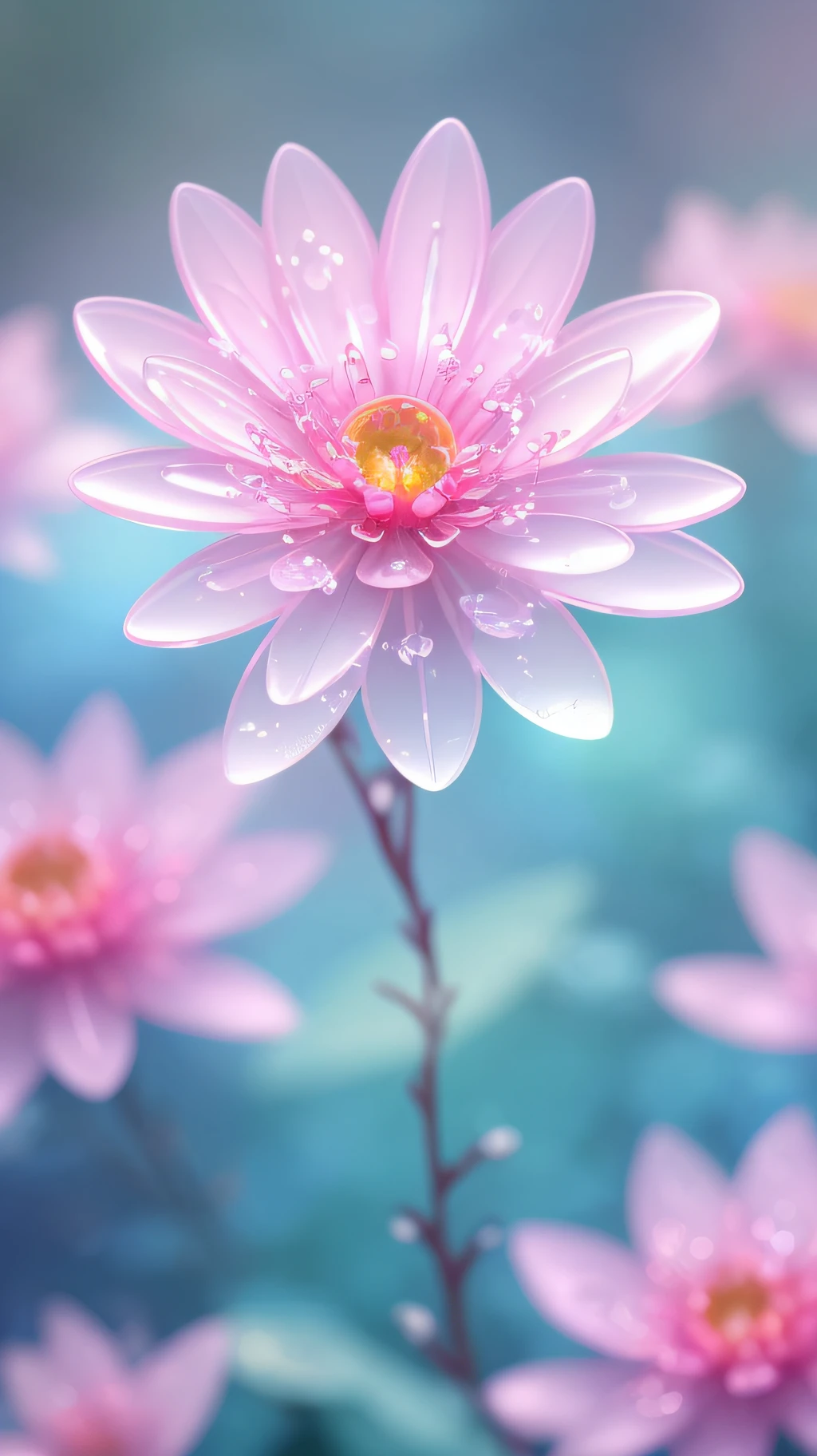 Crystal spring flower,Pink white gradient,water drop,Fantastical, galaxies, Transparent,, Pink white gradient,water drop,Light blue leaves,Sparkle, Sparkle, brilliance, Water,colorful,, Magical photography of light blue leaves, dramatic illumination, Photo realism, Ultra detailed, 4k, depthoffield, high resolusion