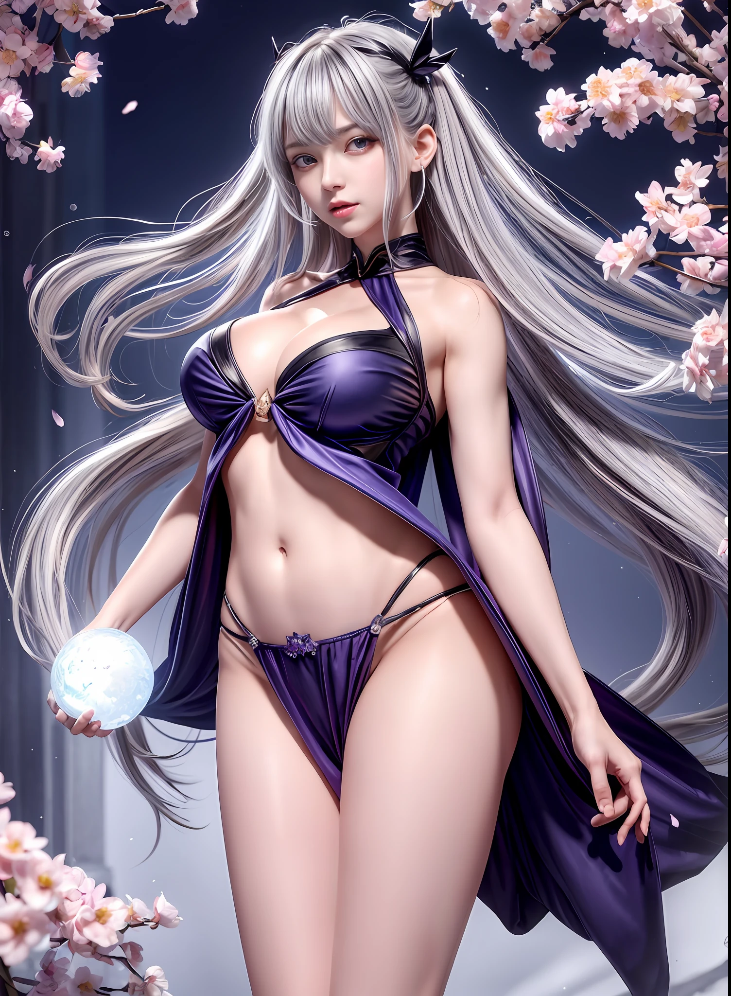 (tmasterpiece,Need,1girll,Solo,The details are complex,color difference),Majestic witch, Genshin Impact witch,火焰, icecreen, ventania,raiden,Ethereal, perfect setting, 、((Cherry blossoms fall on the background,Night background)), trending on Pixiv trending on civitai perfect composition professional quality high resolution perfect contrast perfect lighting,Azur lane Toned ripped perfect hands perfect fingers perfect breasts perfect hair perfect face perfect body A tall and beautiful woman, Plump body, Big breasts, light blue glowing eyes, Cold expression, proud posture, Straight chest, lilac skin, purple facial tattoos, silver tied hair, Exposed chest, Exposed shoulders, Exposed navel, Bare with thighs, looked up at the camera, left sweat beads on her body, Wet body,((((pantyless)))),(((trousersless))),(((didn't wear socks))),(((No skirts))),((No shoes))),(((dynamicposes)))